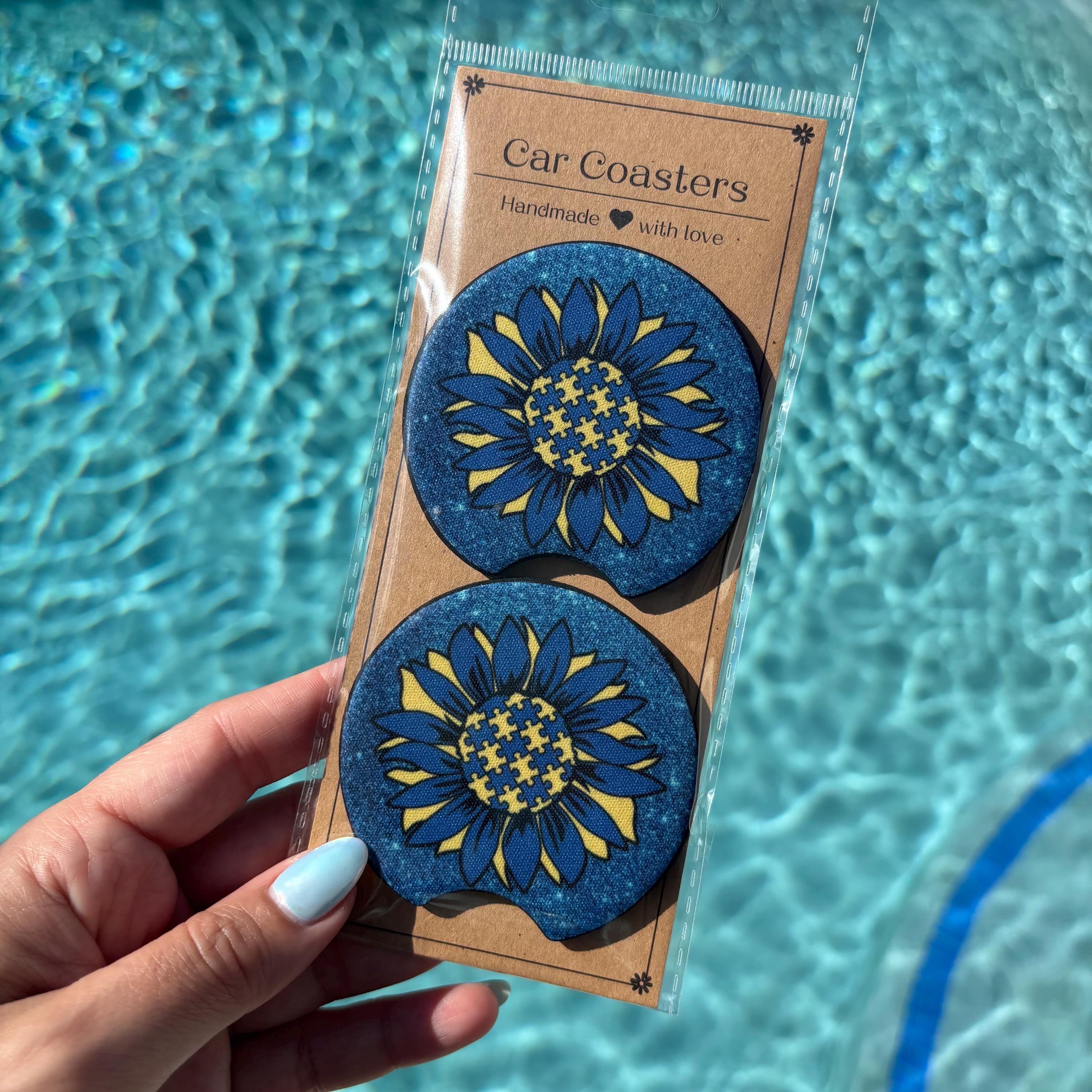 Down Syndrome Awareness Car Coasters – Blue & Yellow Sunflower Design