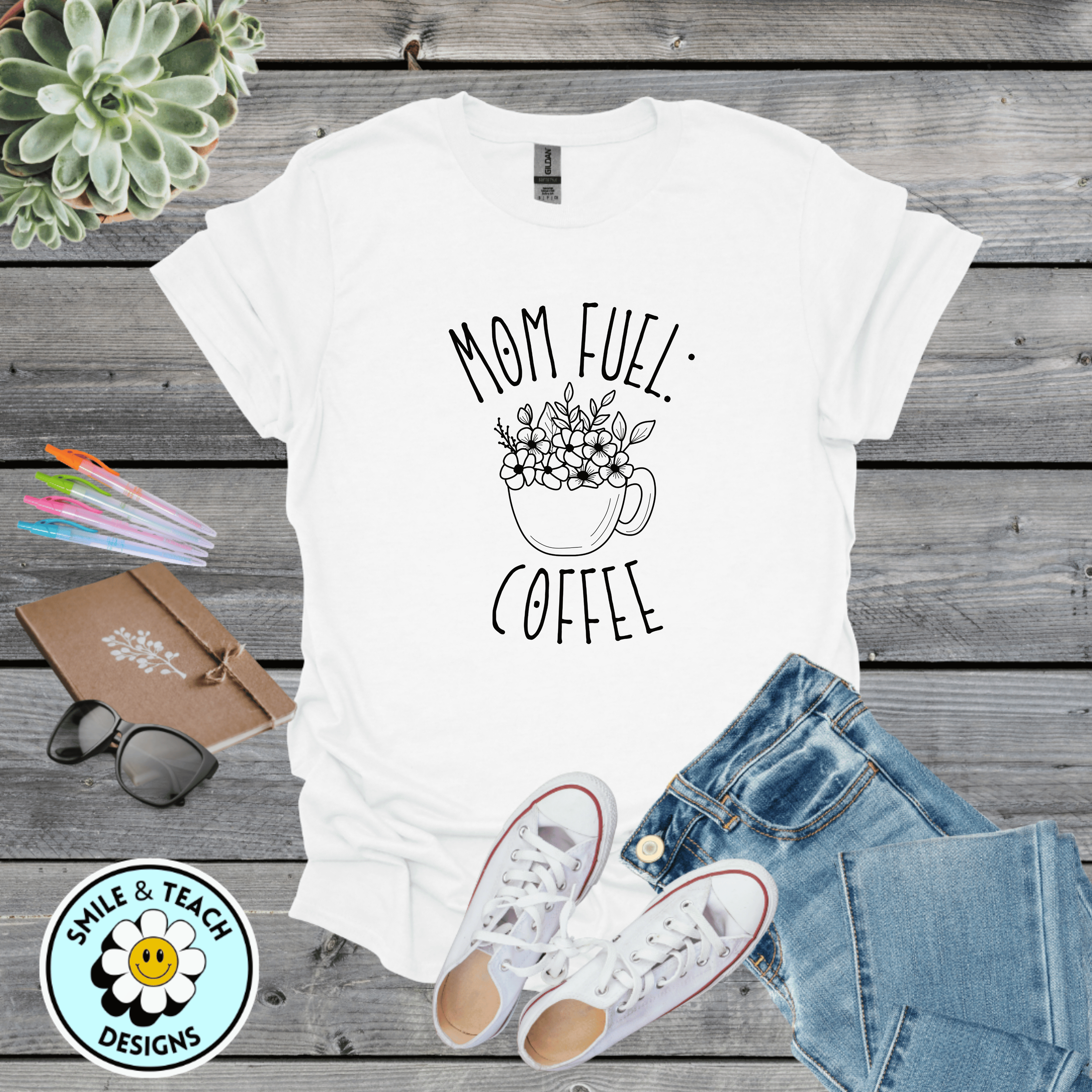 Mom Fuel: Coffee Graphic Tee | Cute Coffee Mom Shirt | Floral Coffee Mug T-Shirt | Motherhood Graphic Tee