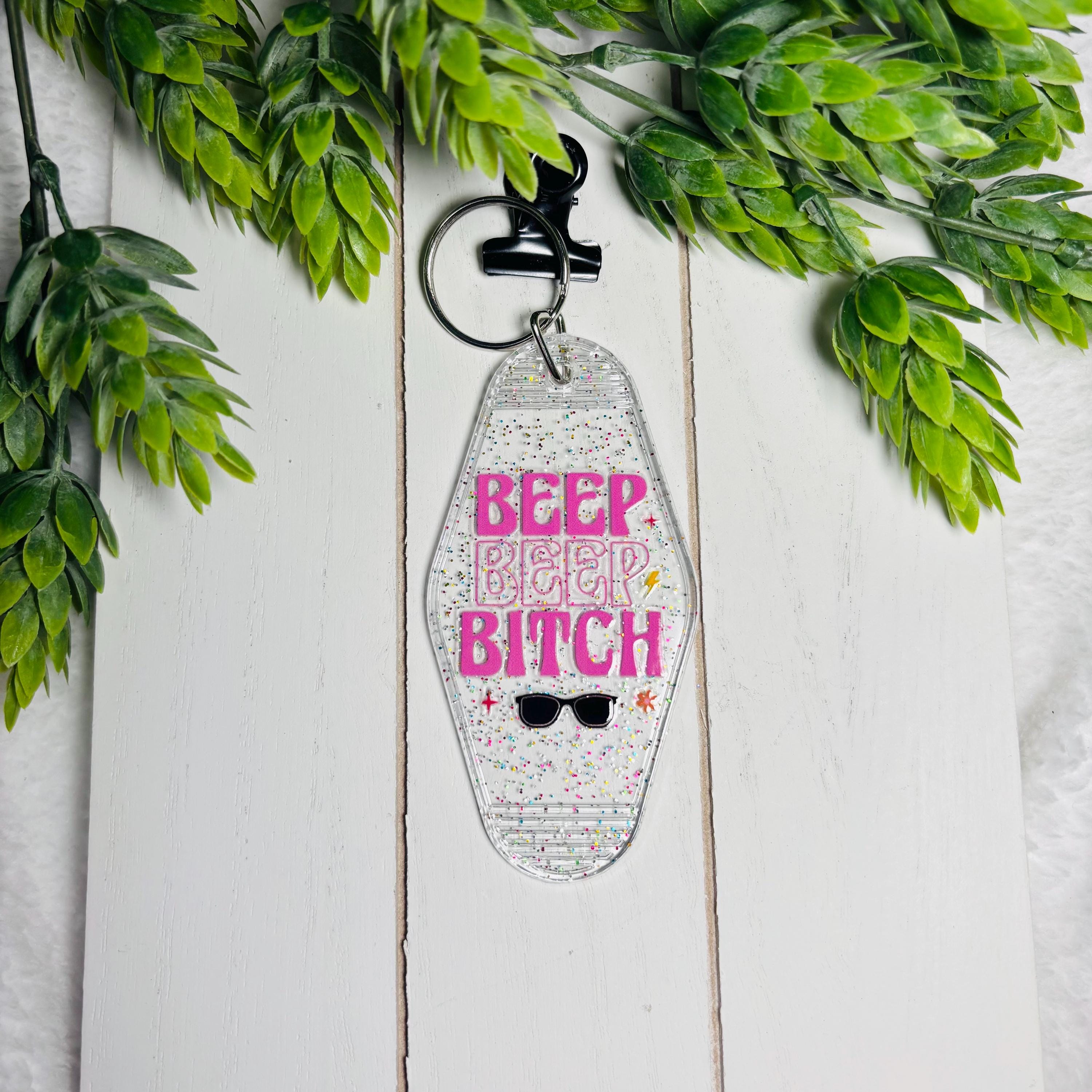 Beep Beep Bitch Motel Keychain – Glitter Retro Acrylic Key Tag