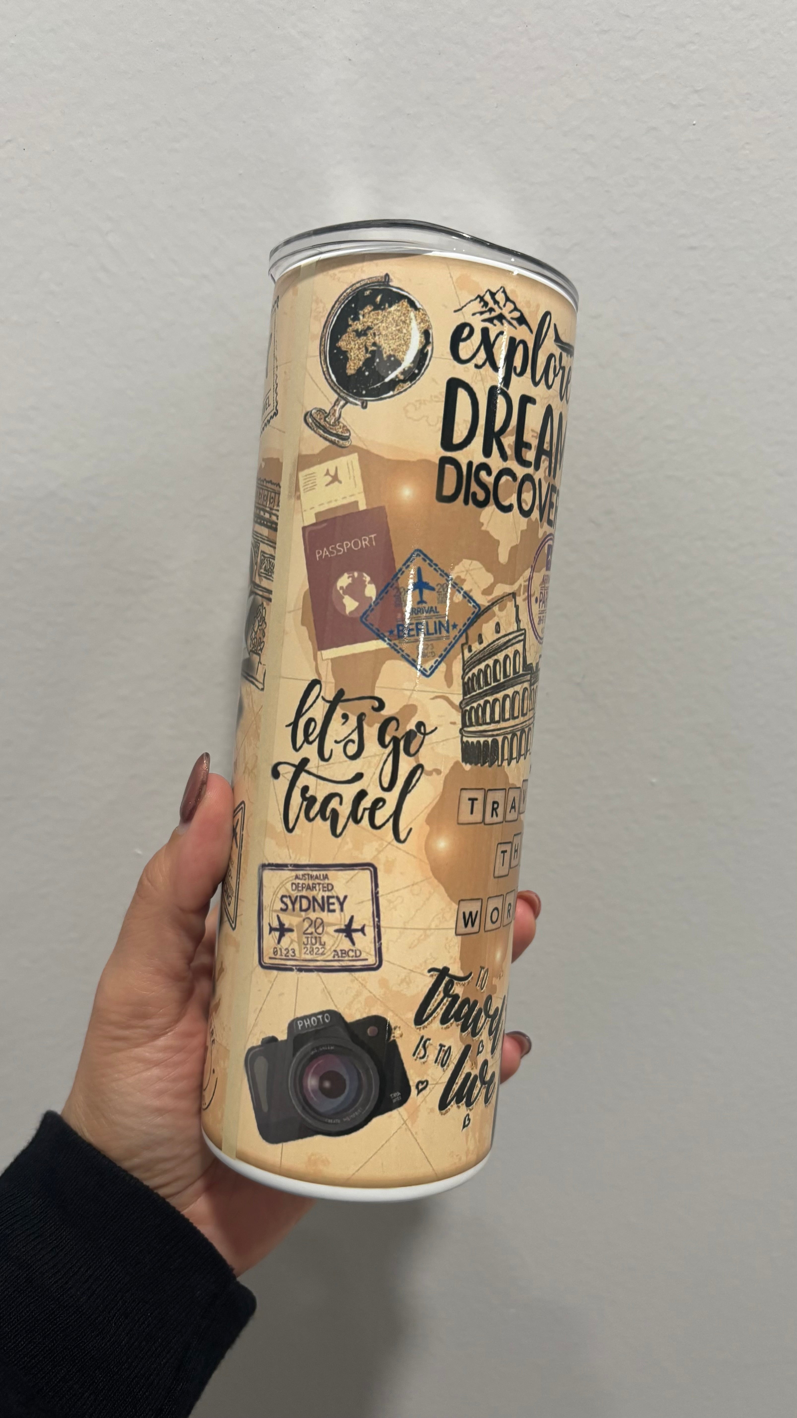 ✈️ Personalized Travel Adventure Tumbler – 20 oz Skinny