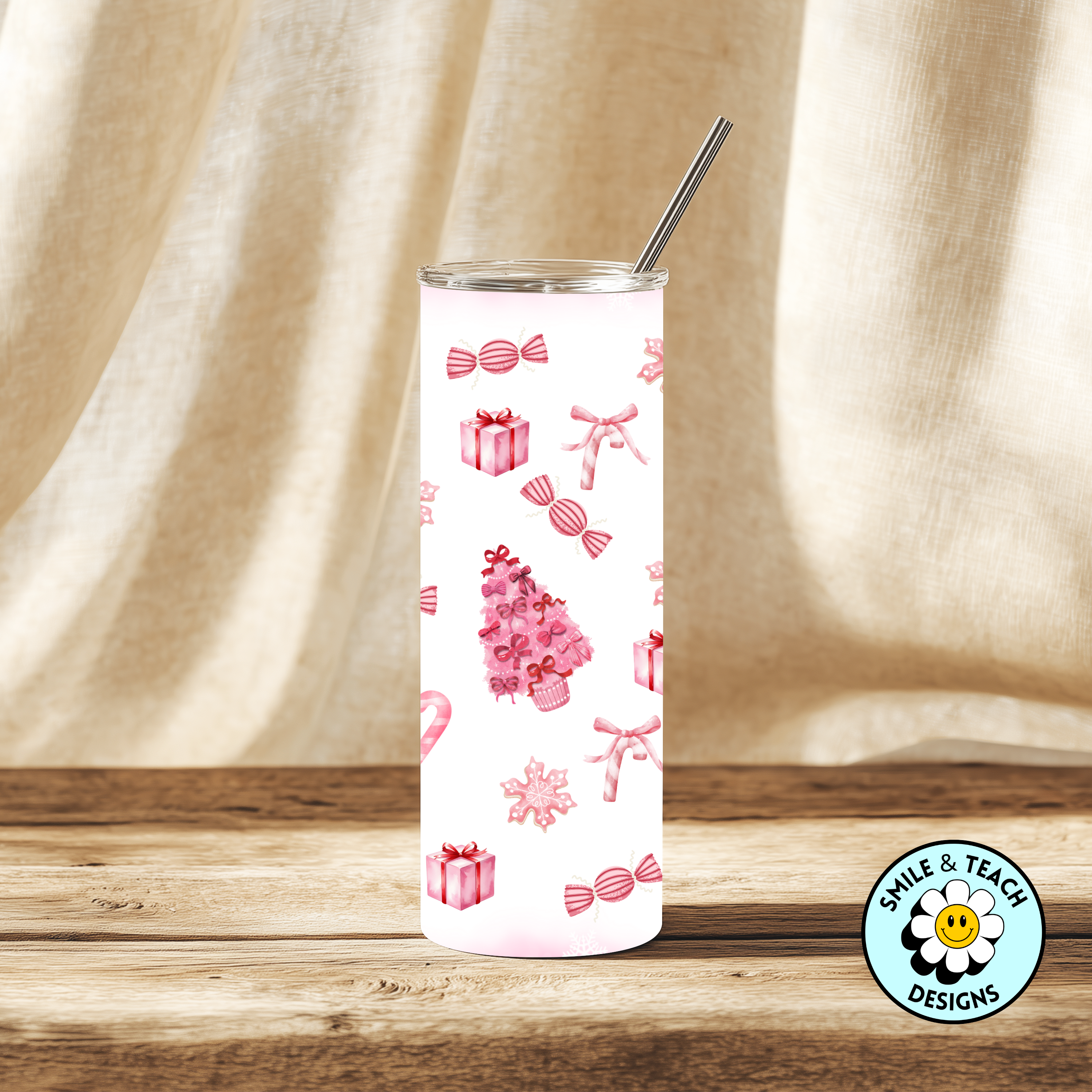🎄🎀 Pink Christmas Skinny Tumbler – 20 oz Insulated