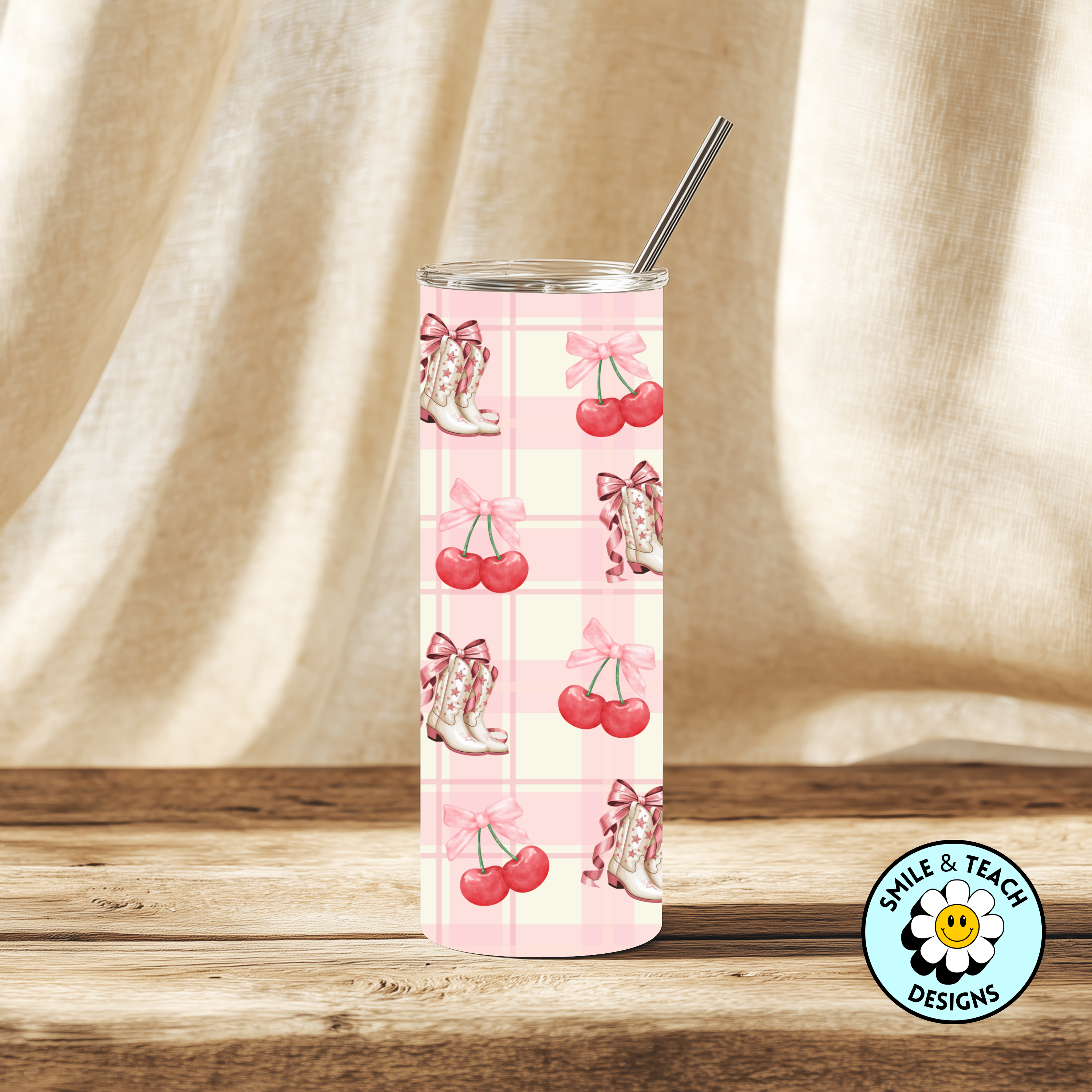 🎀🍒 Pink Plaid Cherry & Bow Boots Skinny Tumbler – 20 oz