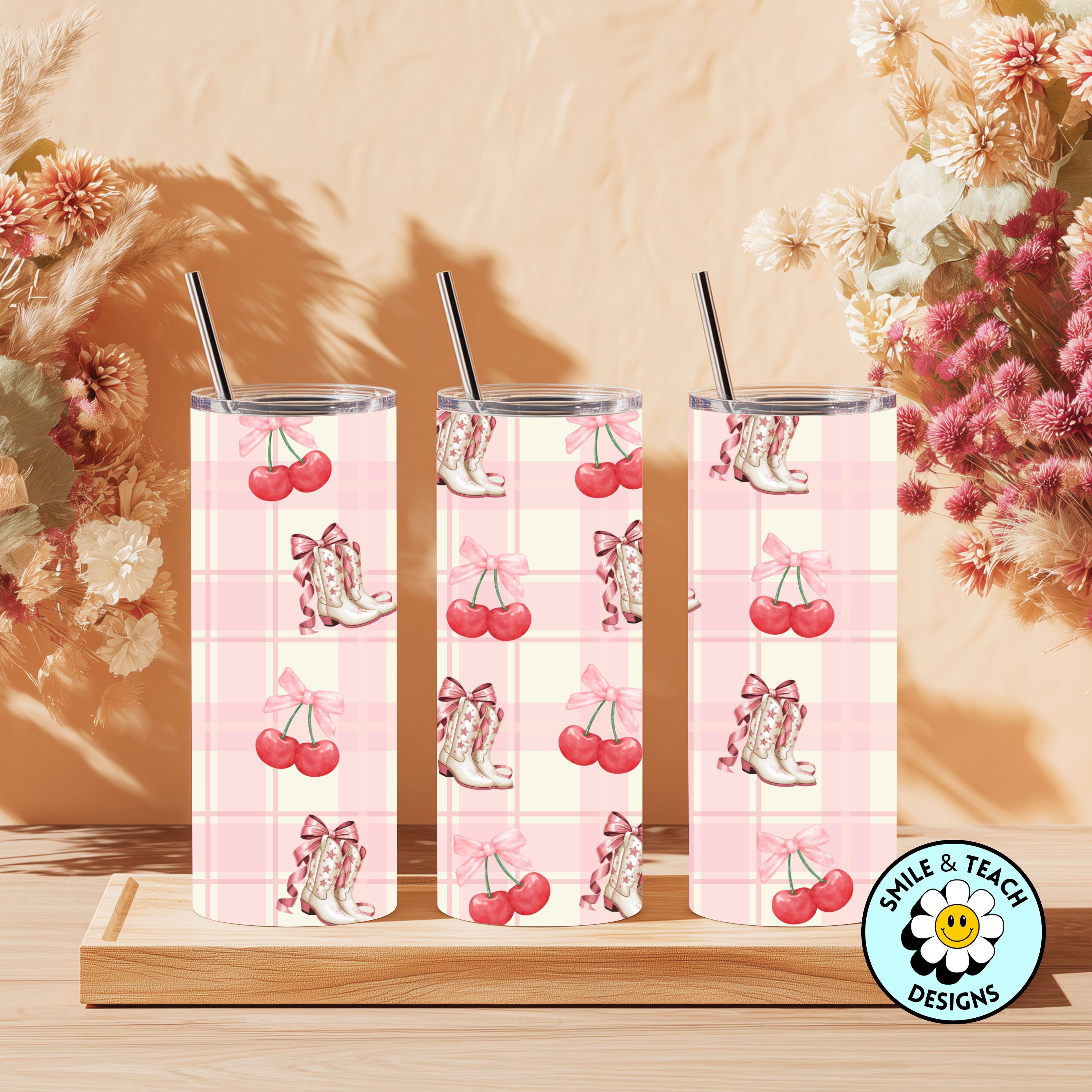 🎀🍒 Pink Plaid Cherry & Bow Boots Skinny Tumbler – 20 oz