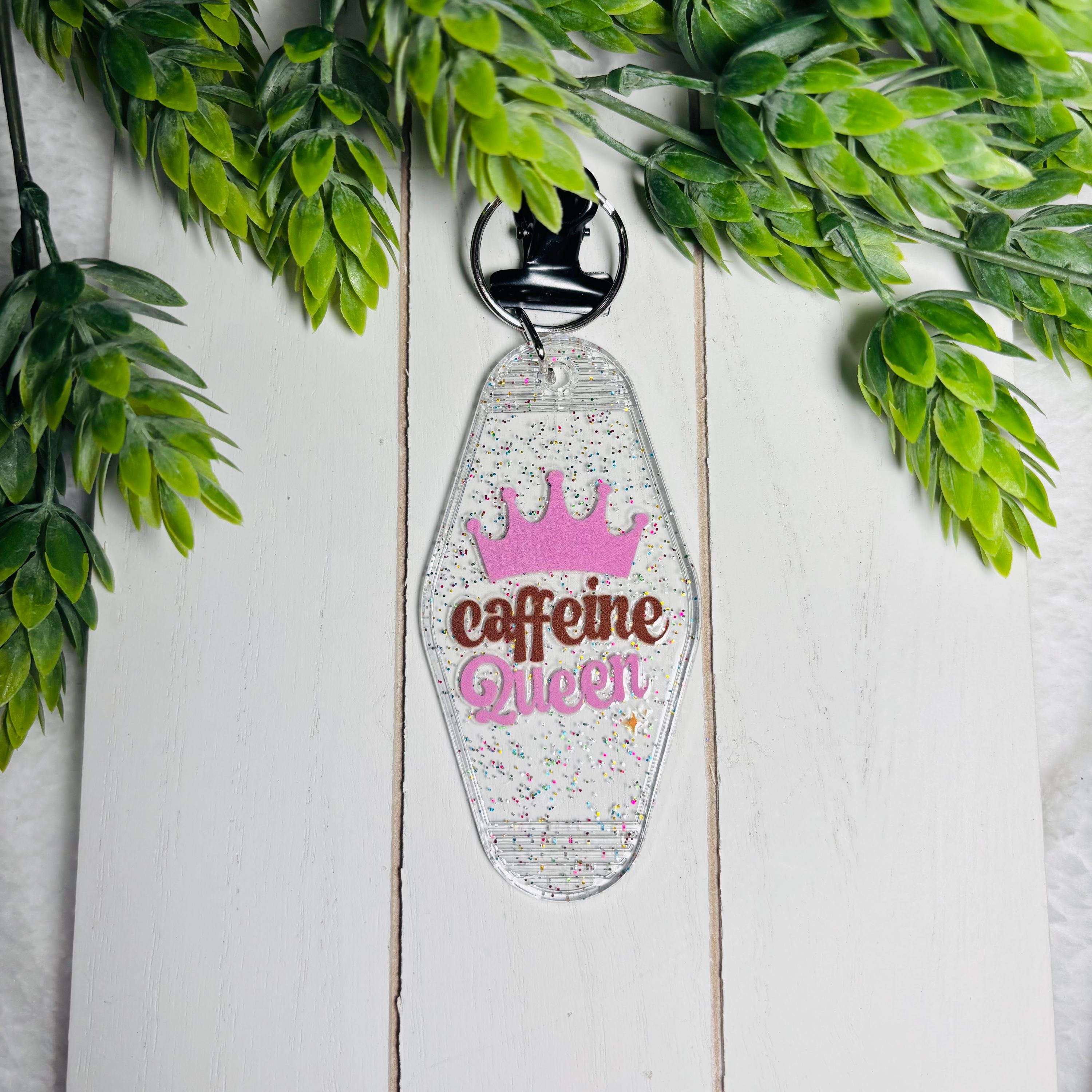 Caffeine Queen Motel Keychain – Glitter Retro Acrylic Key Tag
