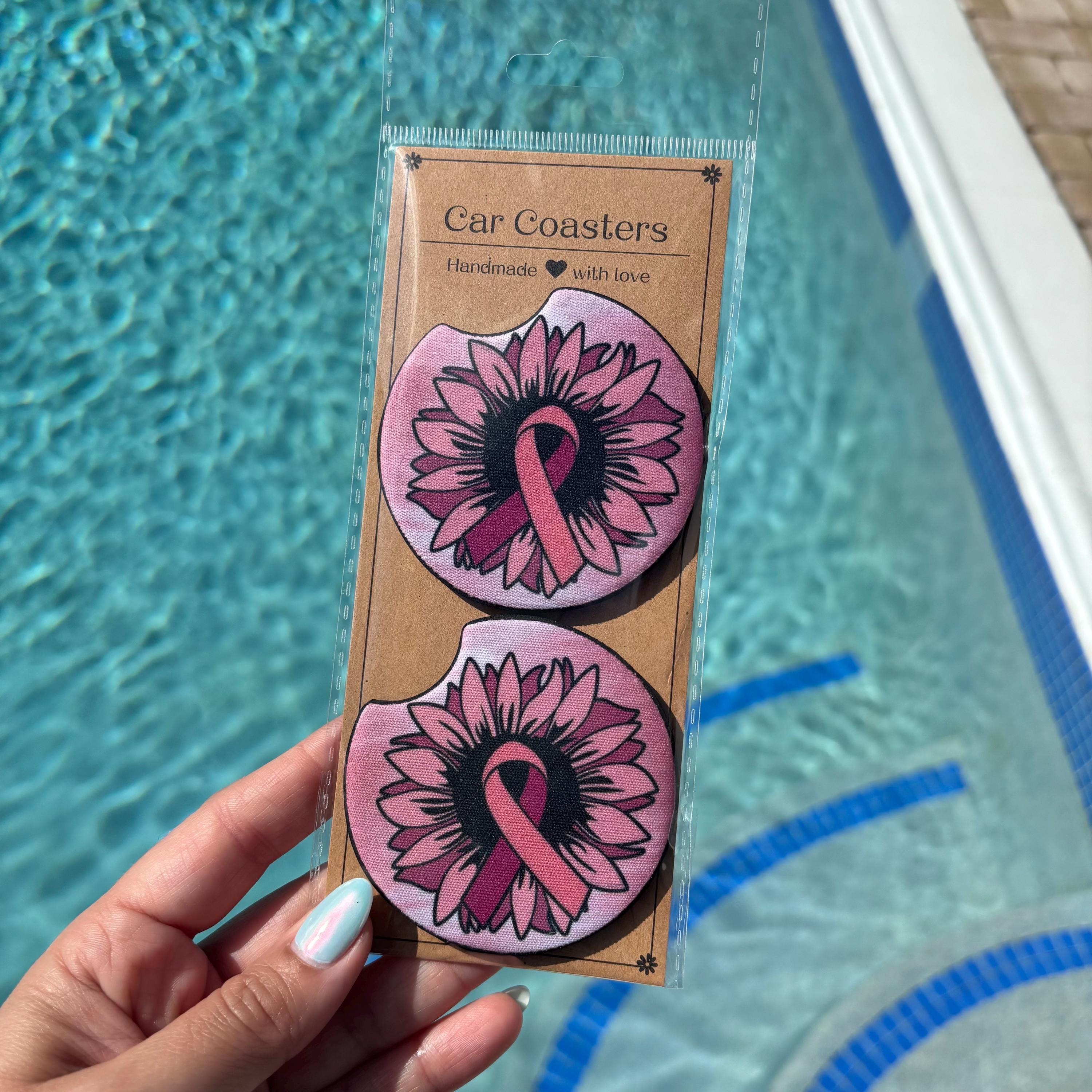 Breast Cancer Awareness Car Coasters – Pink Ribbon & Sunflower Design