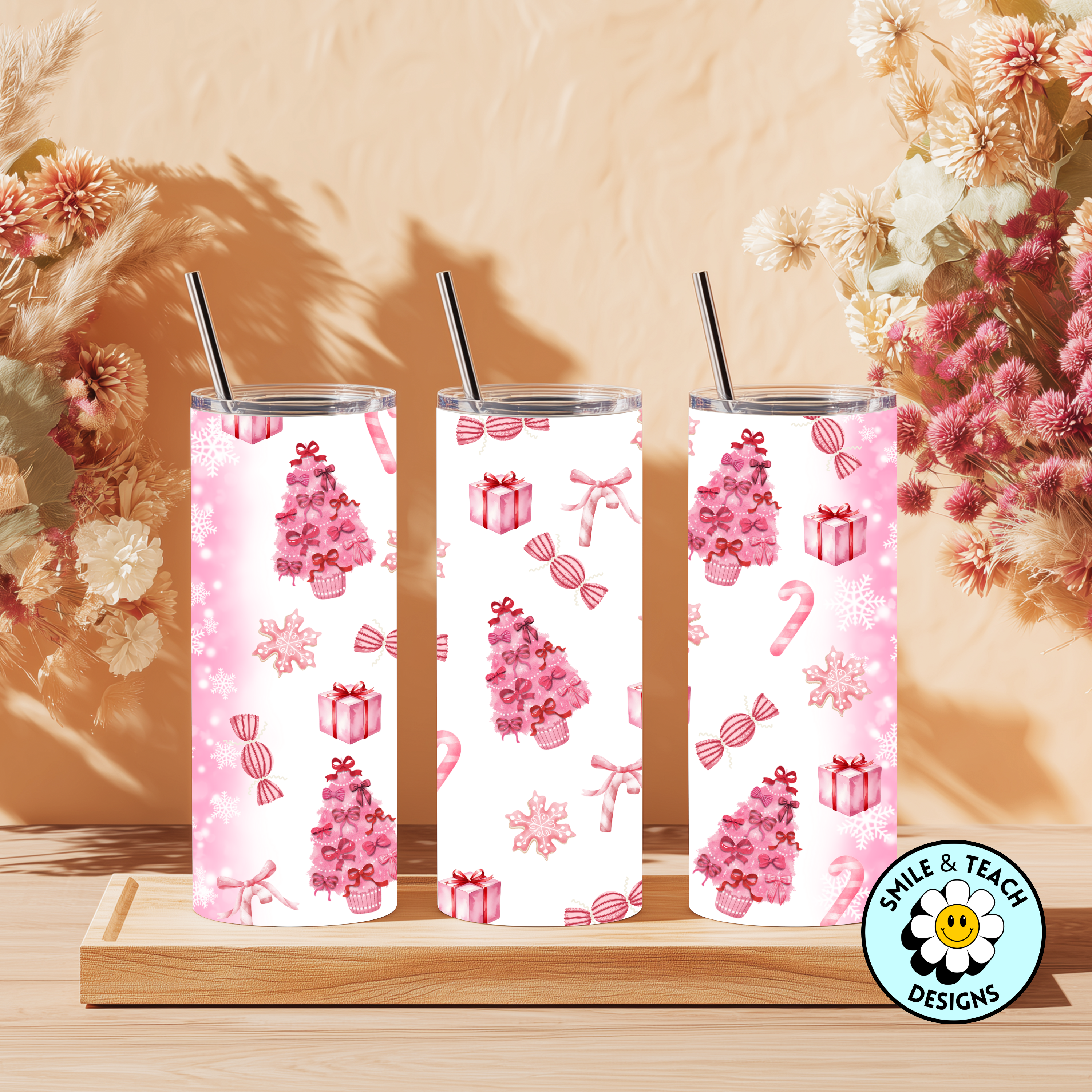 🎄🎀 Pink Christmas Skinny Tumbler – 20 oz Insulated