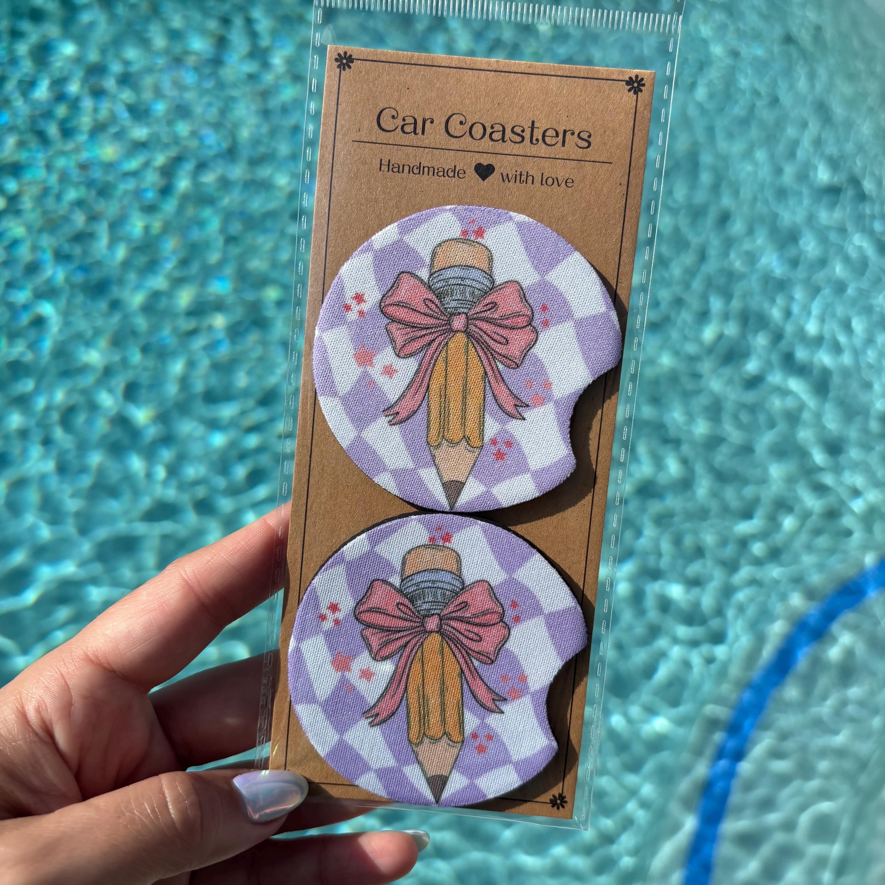 Purple Pencil &aBow Car Coasters – Teacher-Inspired & Absorbent Cup Holder Inserts