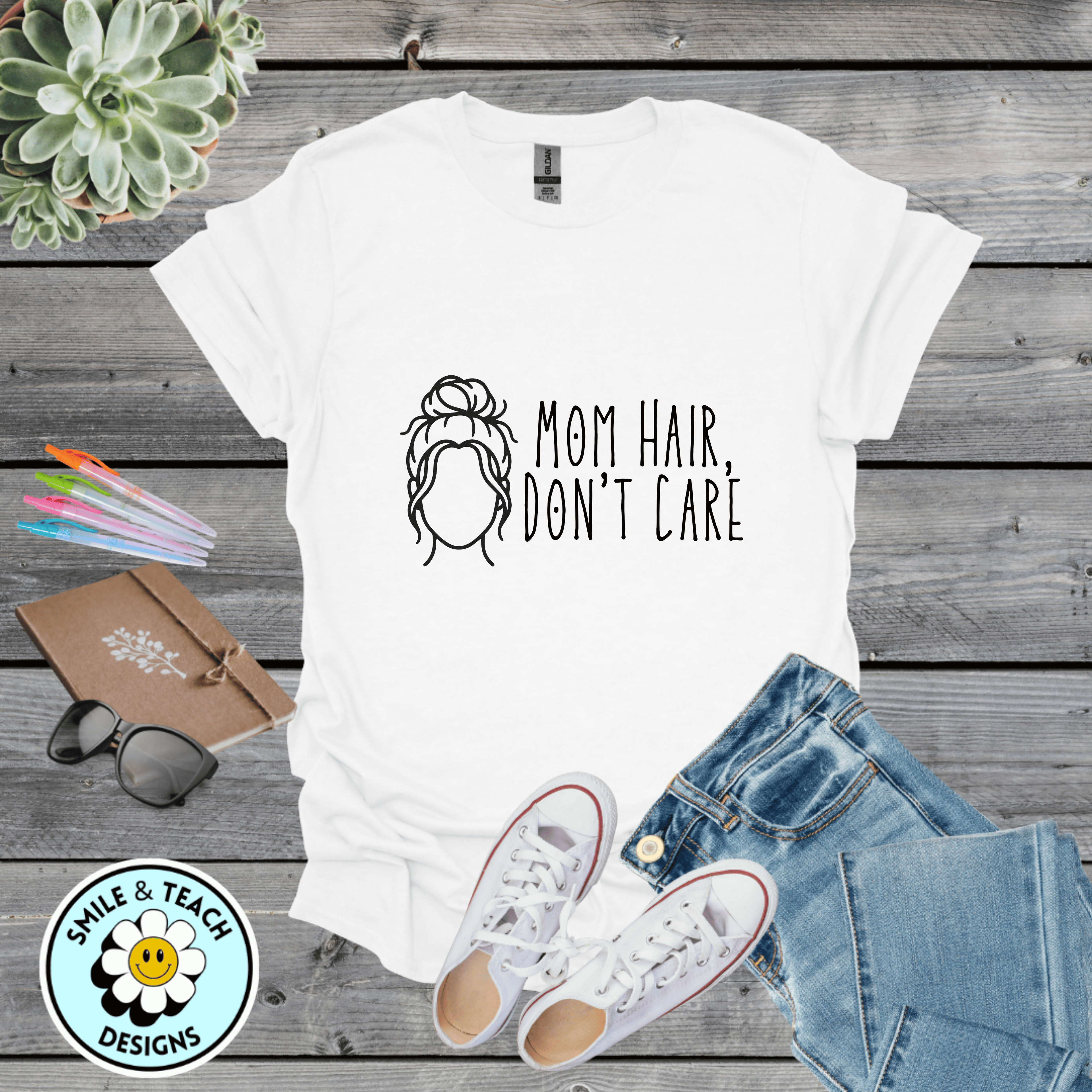 Mom Hair, Don’t Care Graphic Tee | Funny Mom Shirt | Messy Bun Mama T-Shirt | Cute Motherhood Shirt