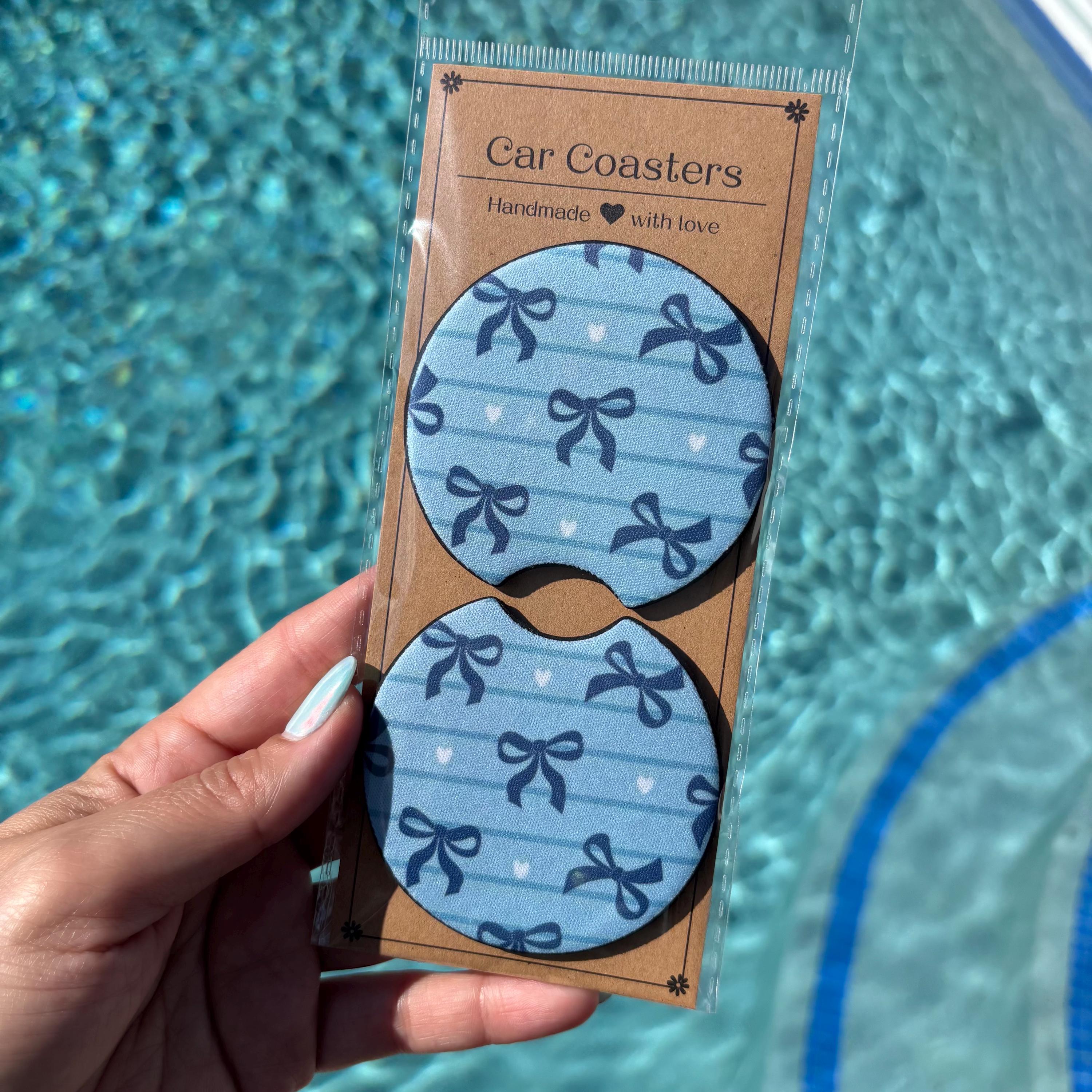 Blue Stripes &amp; Bows Car Coasters – Cute & Absorbent Cup Holder Inserts for a Chic Ride