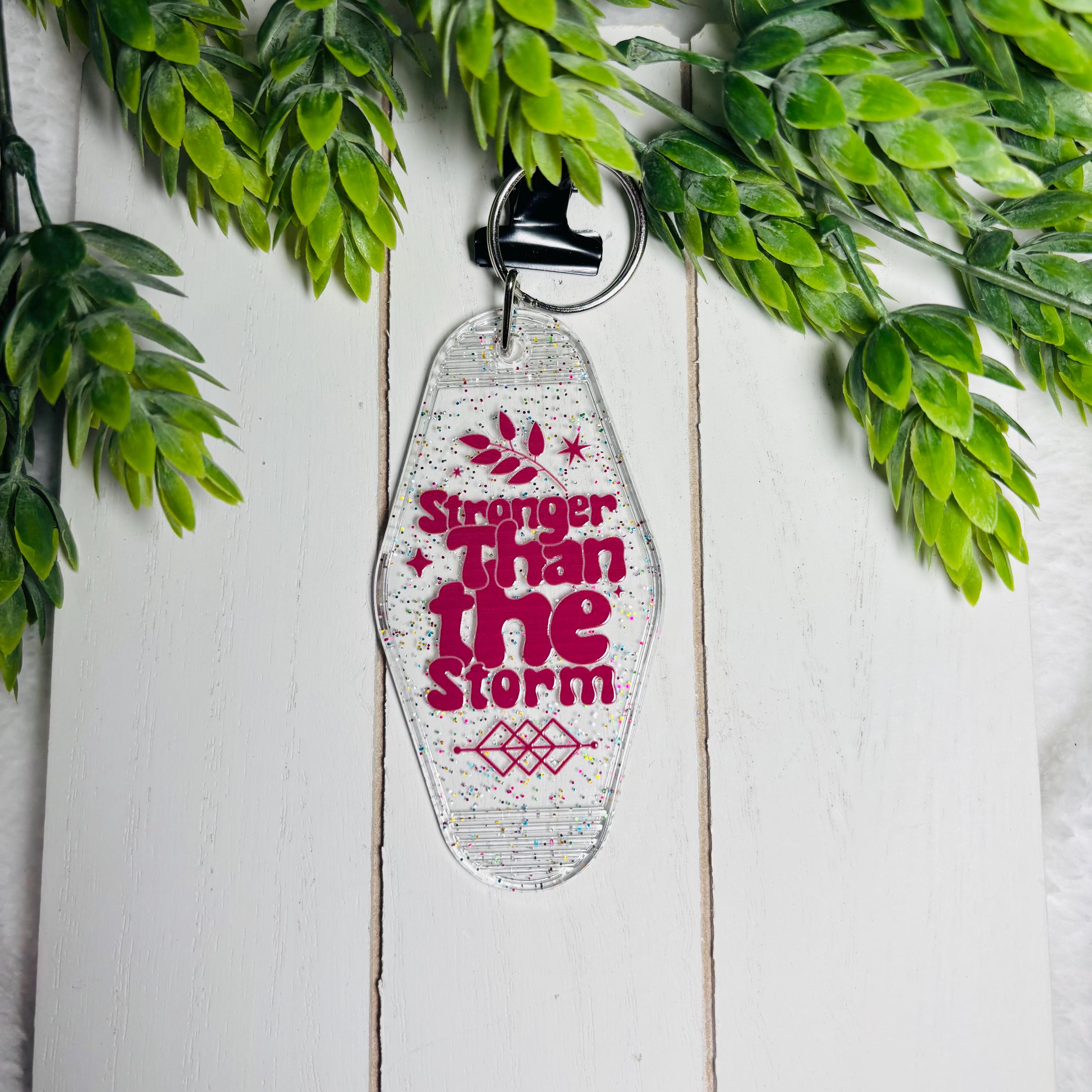 Stronger Than the Storm Motel Keychain – Glitter Retro Acrylic Key Tag