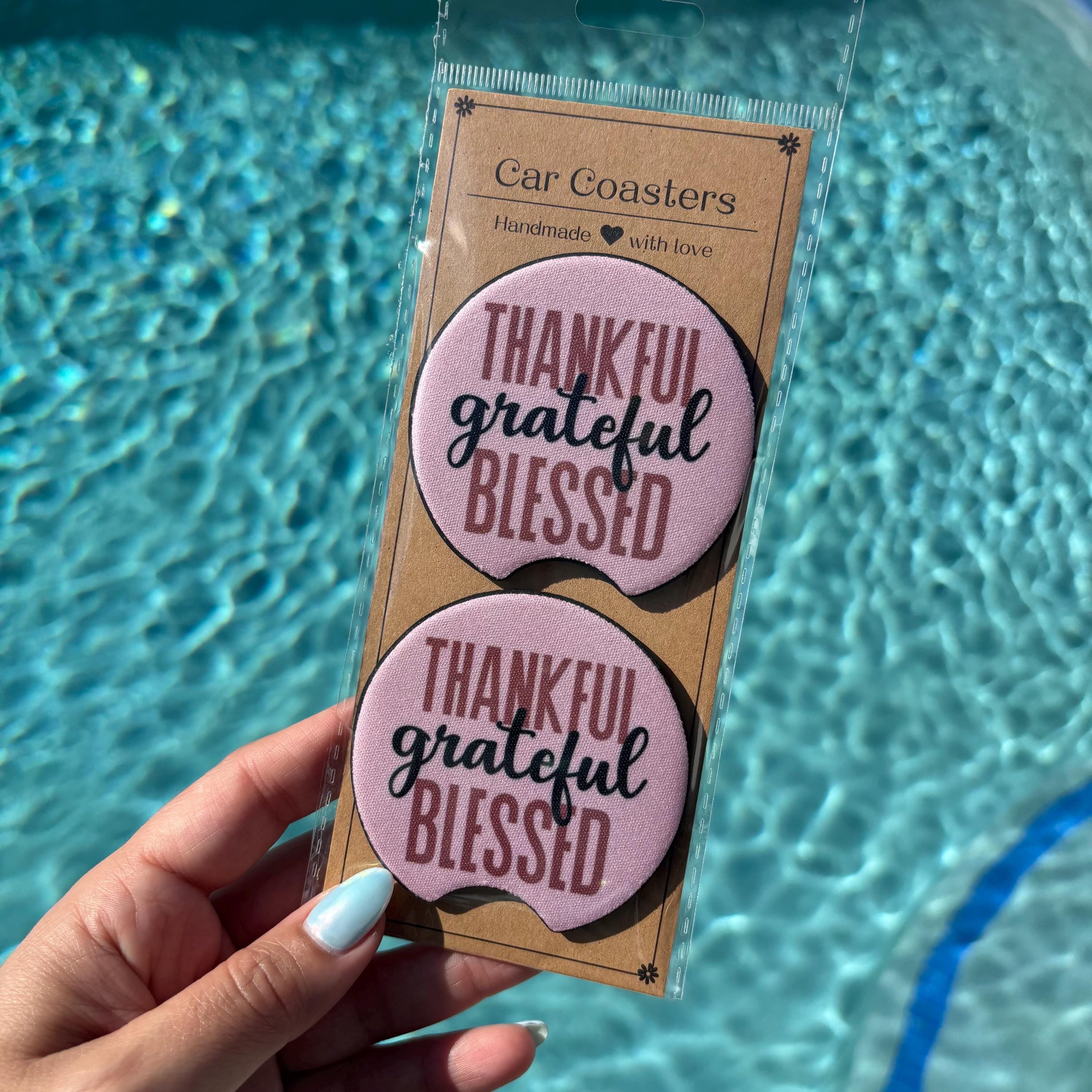 Thankful Grateful Blessed Car Coasters – Inspirational & Absorbent Cup Holder Inserts