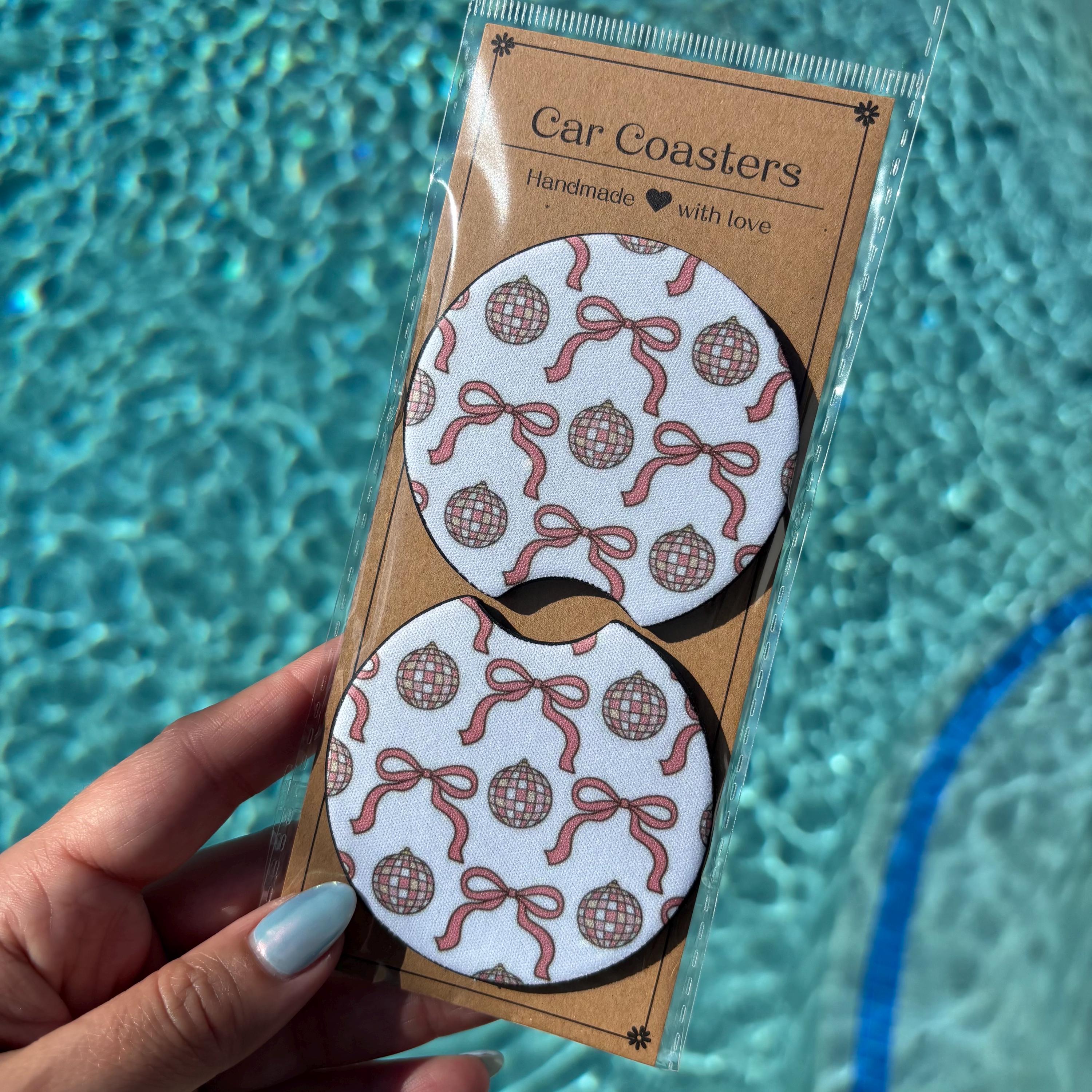 Pink Disco Ball & Bows Car Coasters –  Cute & Absorbent Cup Holder Inserts for Fun Rides