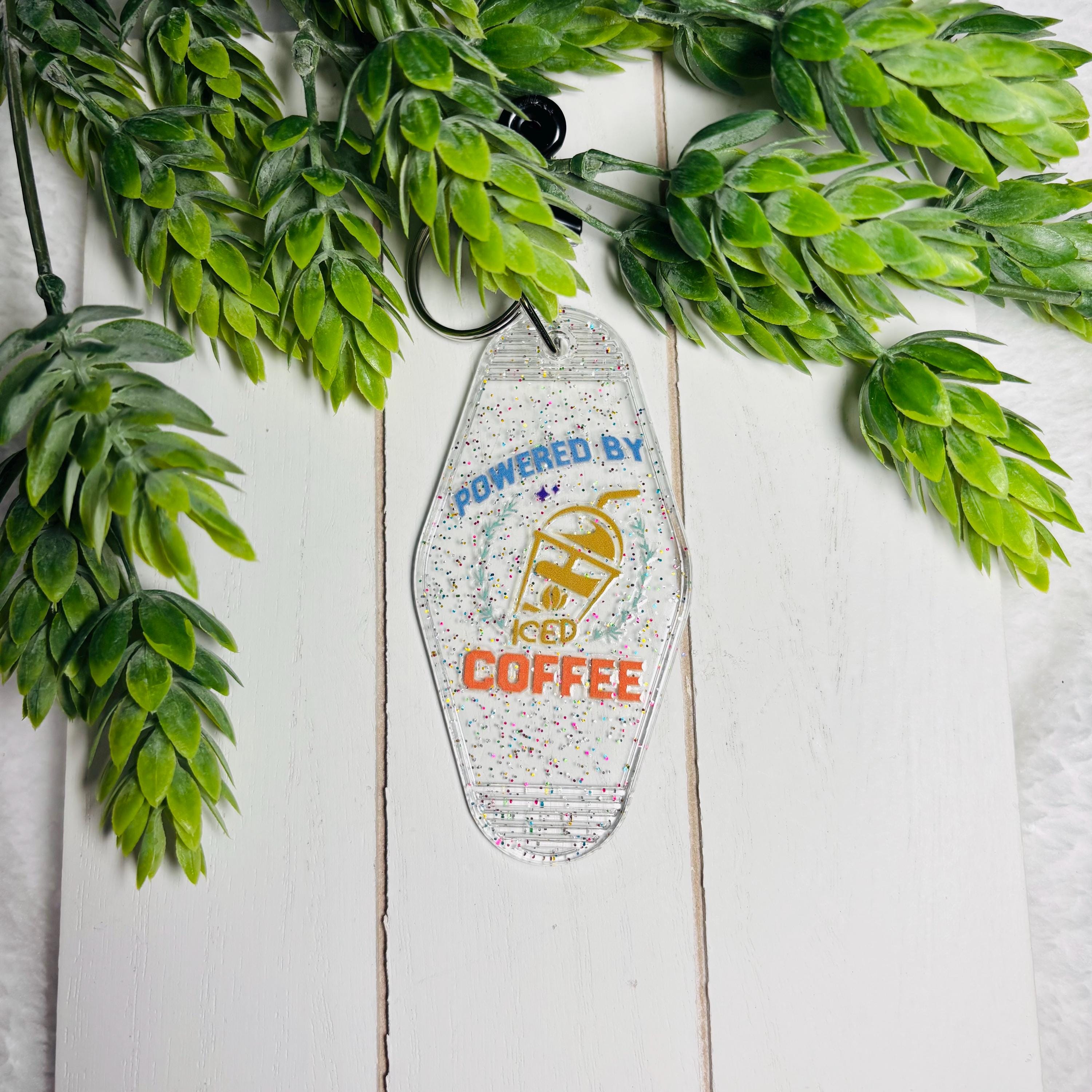 Powered by Iced Coffee Motel Keychain – Retro Glitter Acrylic Keychain