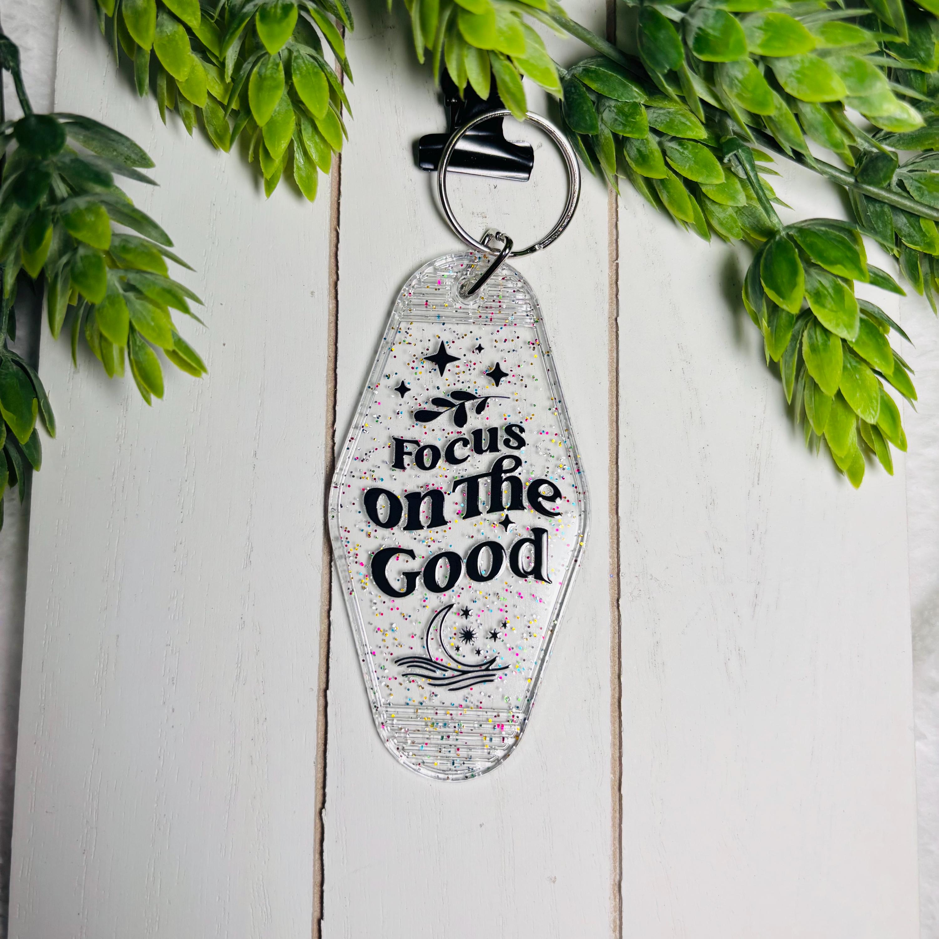 Focus on the Good Motel Keychain – Glitter Retro Acrylic Key Tag