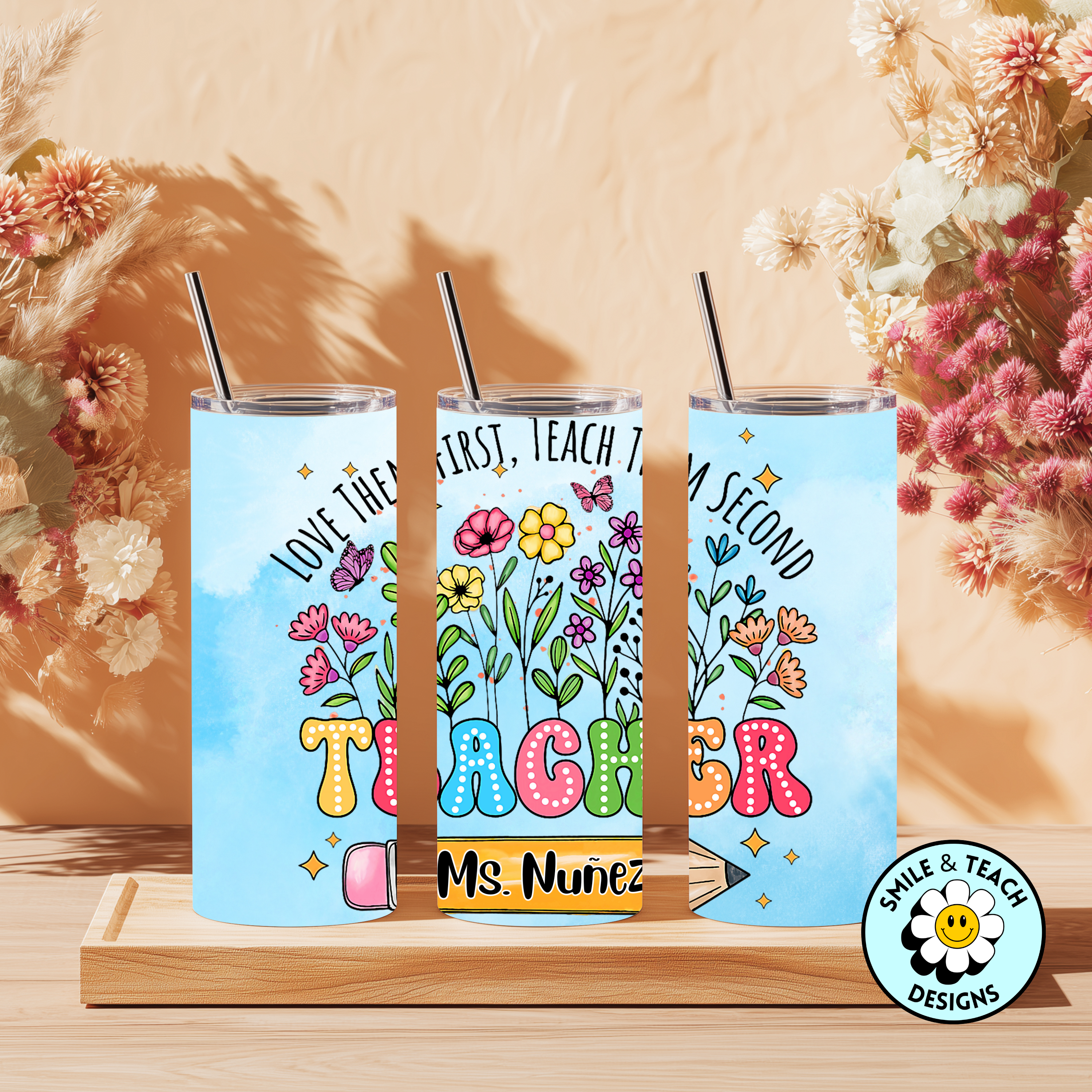 ✏️ Personalized Pencil Teacher Tumbler | Floral Classroom Design