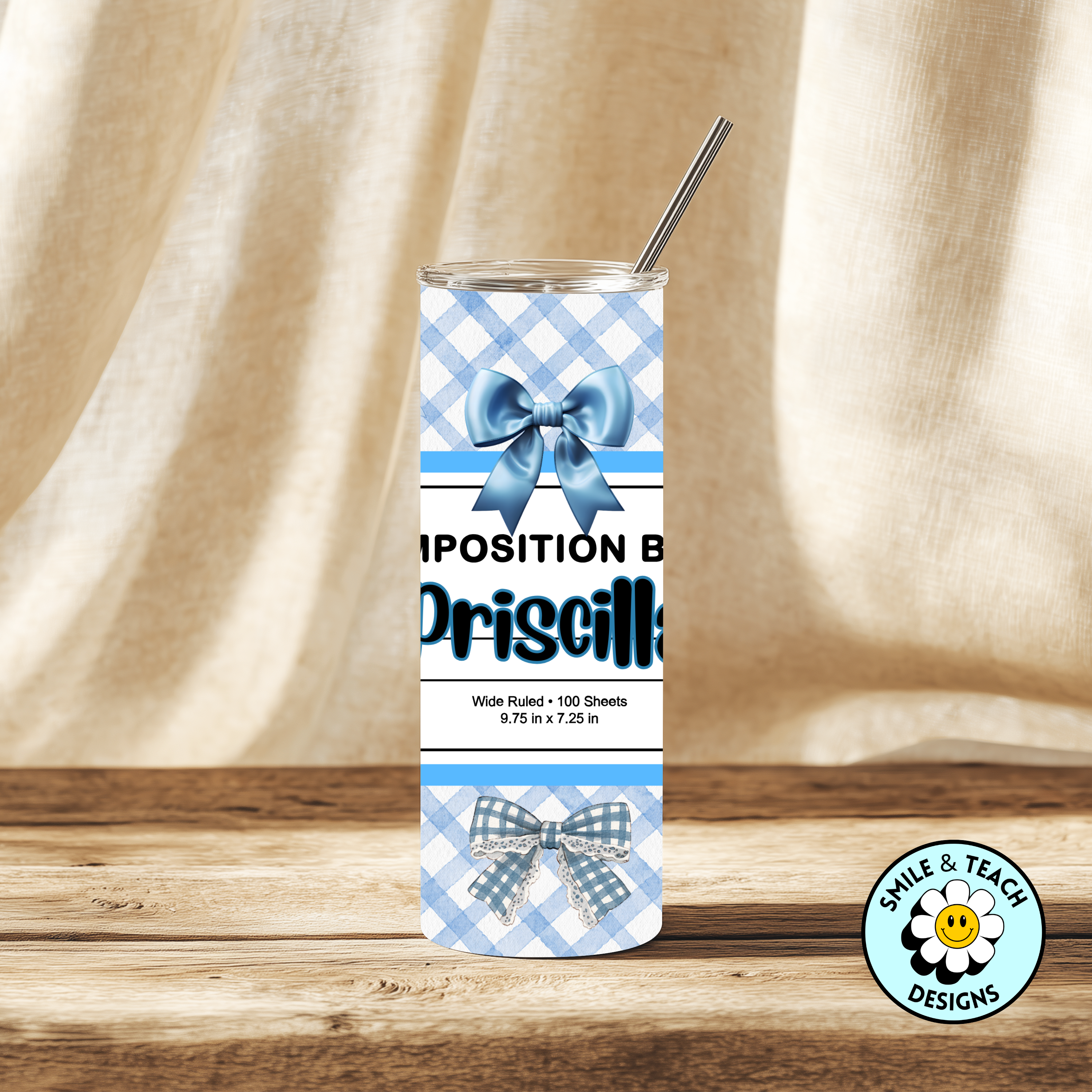 📘 Blue Bows Composition Notebook Tumbler – 20 oz Skinny