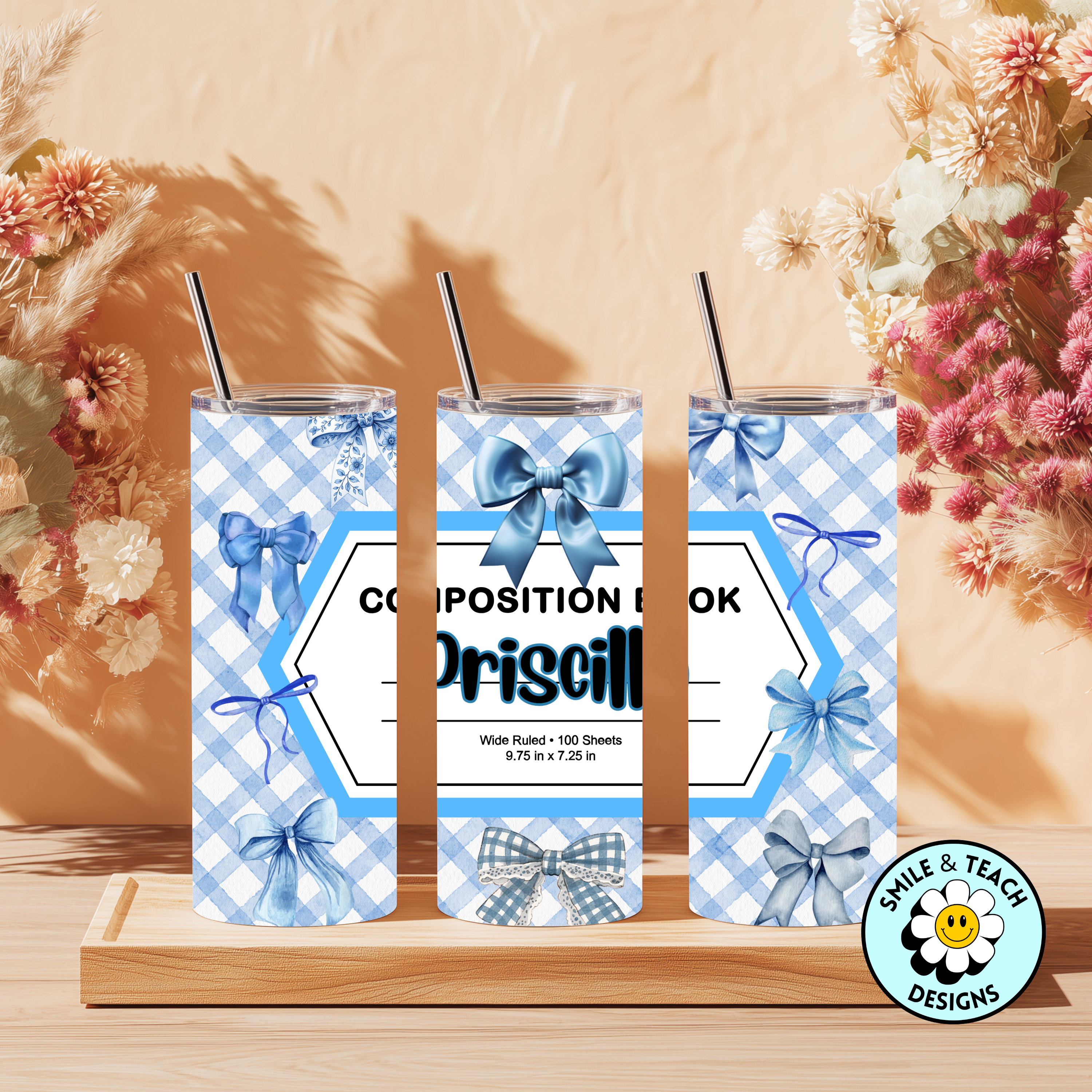 📘 Blue Bows Composition Notebook Tumbler – 20 oz Skinny