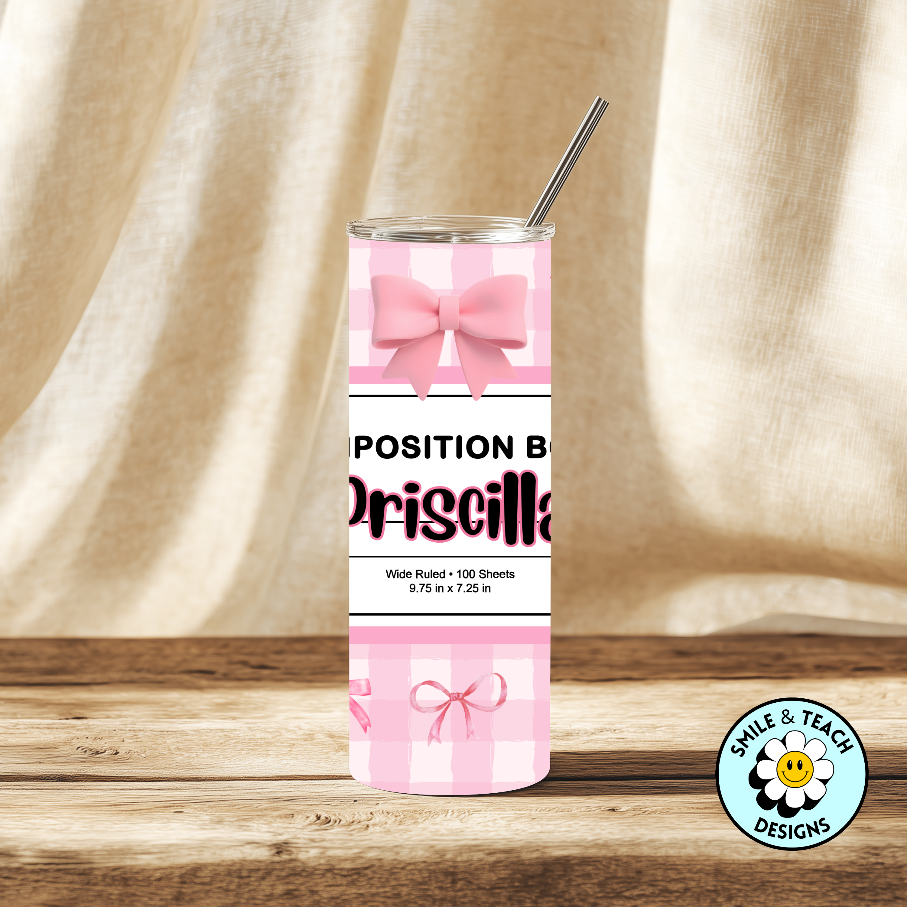 🎀 Personalized Pink Bow Composition Book 20oz Skinny Tumbler – Insulated Stainless Steel