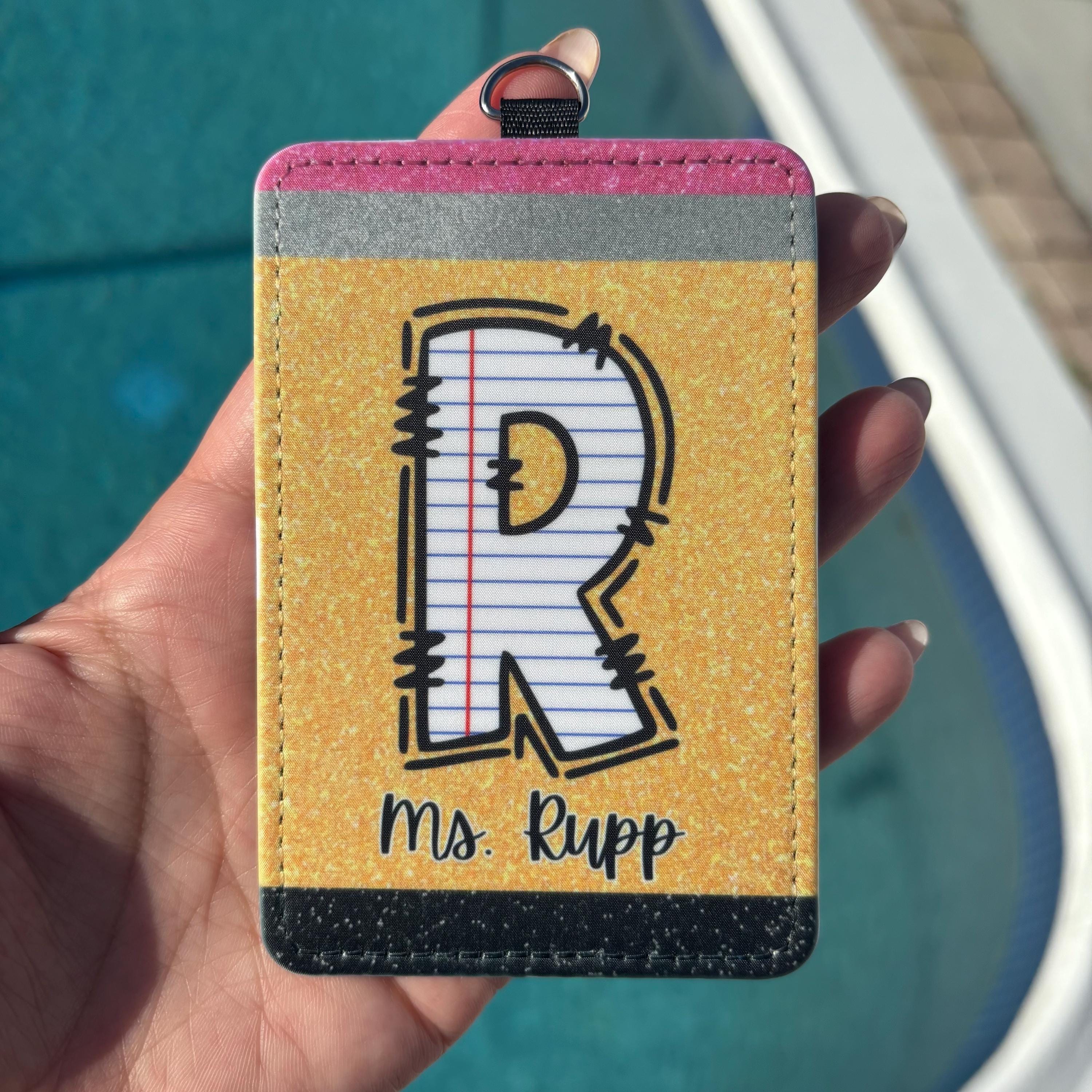 Personalized Teacher ID Badge Holder – Pencil & Notebook Design