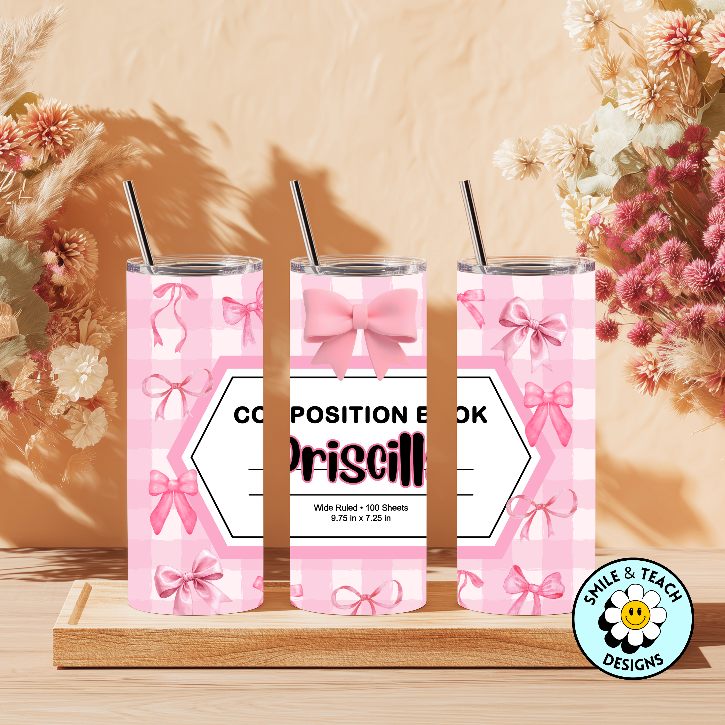🎀 Personalized Pink Bow Composition Book 20oz Skinny Tumbler – Insulated Stainless Steel