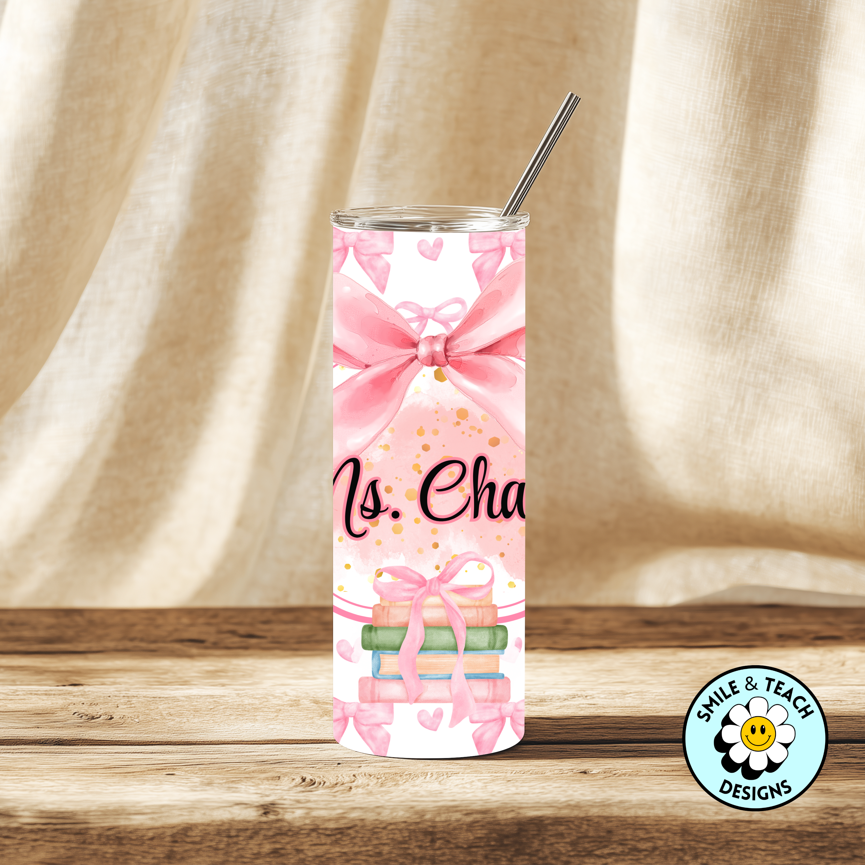 🎀 Personalized Pink Bow Book Stack 20oz Skinny Tumbler – Insulated Stainless Steel