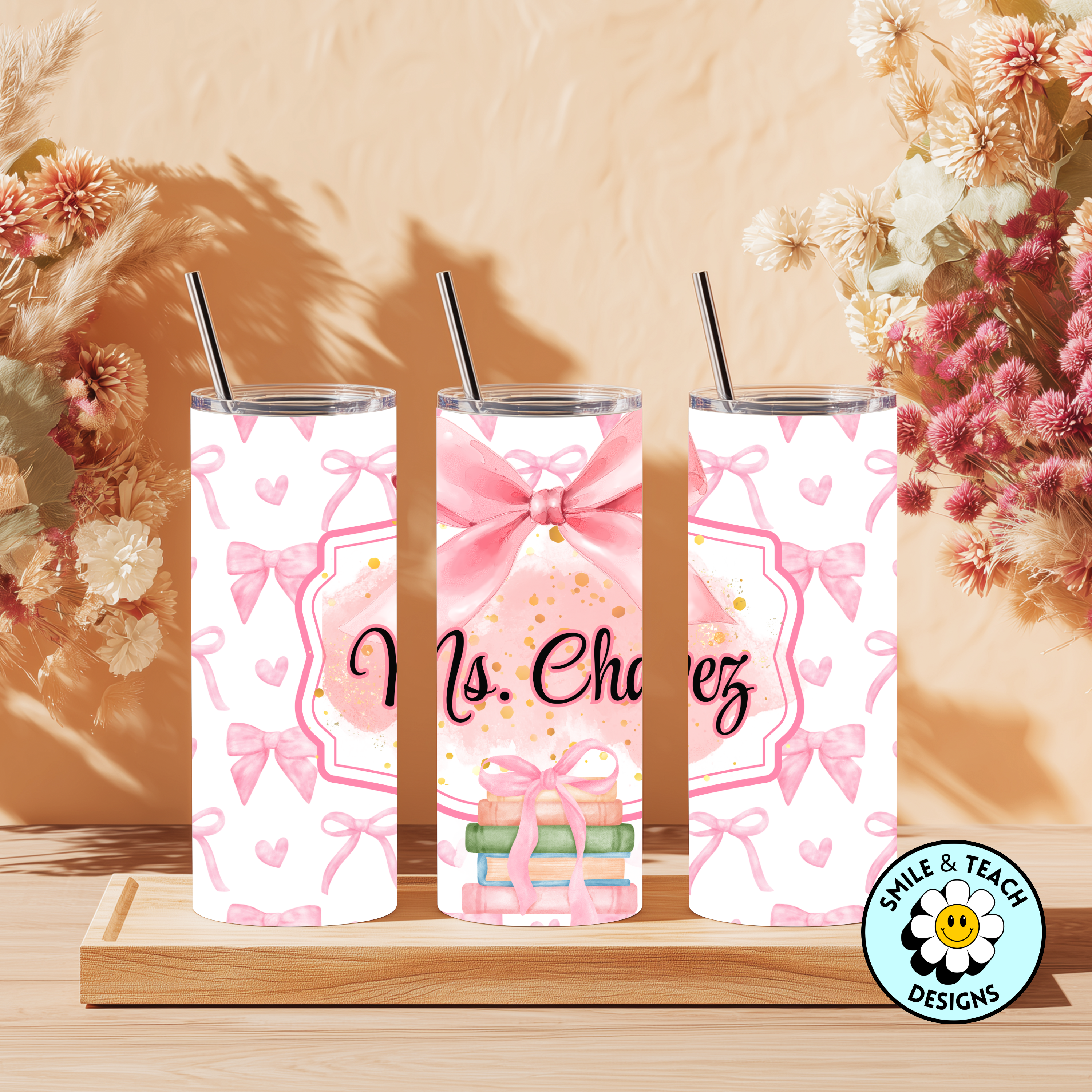 🎀 Personalized Pink Bow Book Stack 20oz Skinny Tumbler – Insulated Stainless Steel