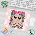 Smiley Teacher Mouse Pad – Retro Leopard Print Heart Eyes Design