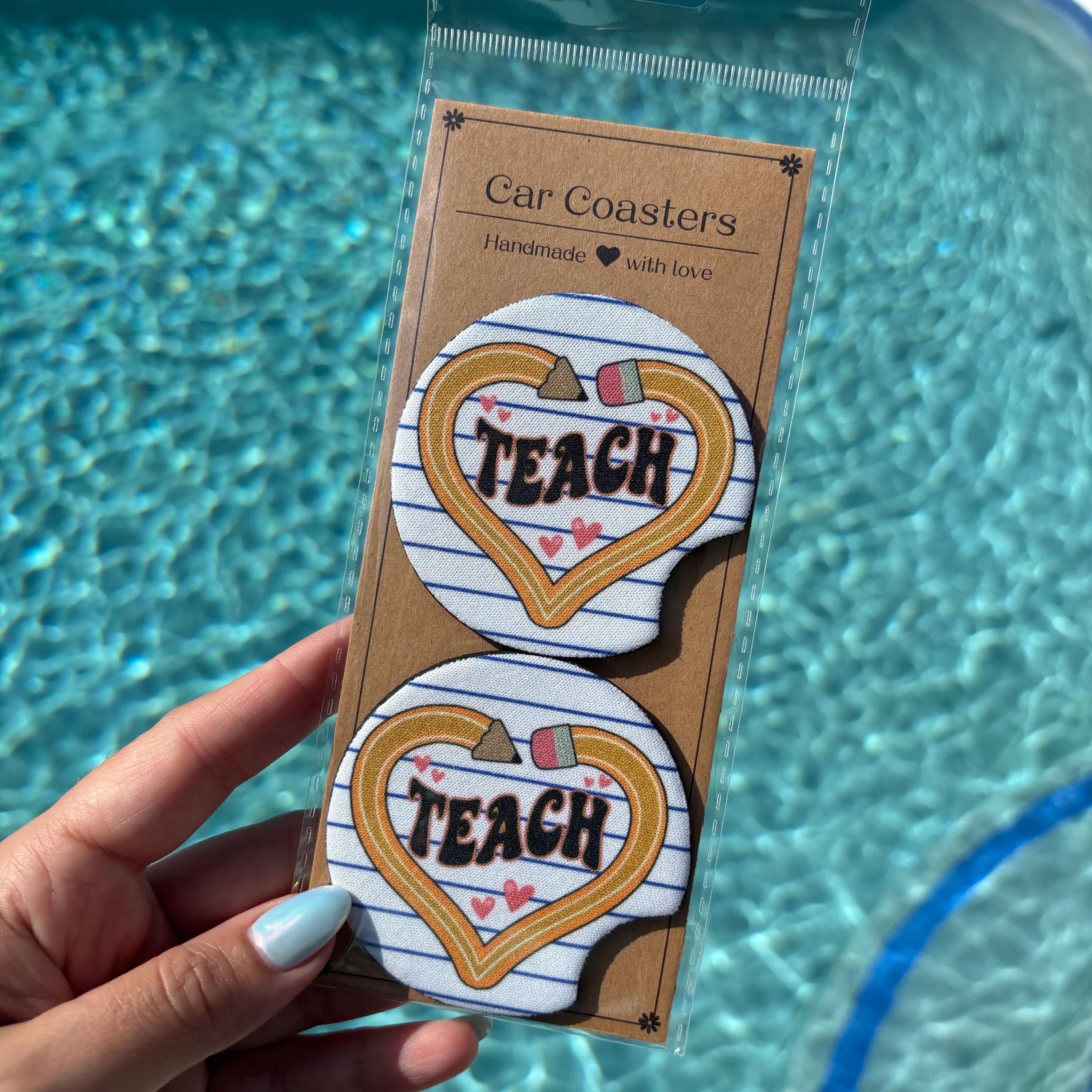 Bold Yellow Bow Pencil Car Coasters – Teacher-Inspired & Absorbent Cup Holder Inserts