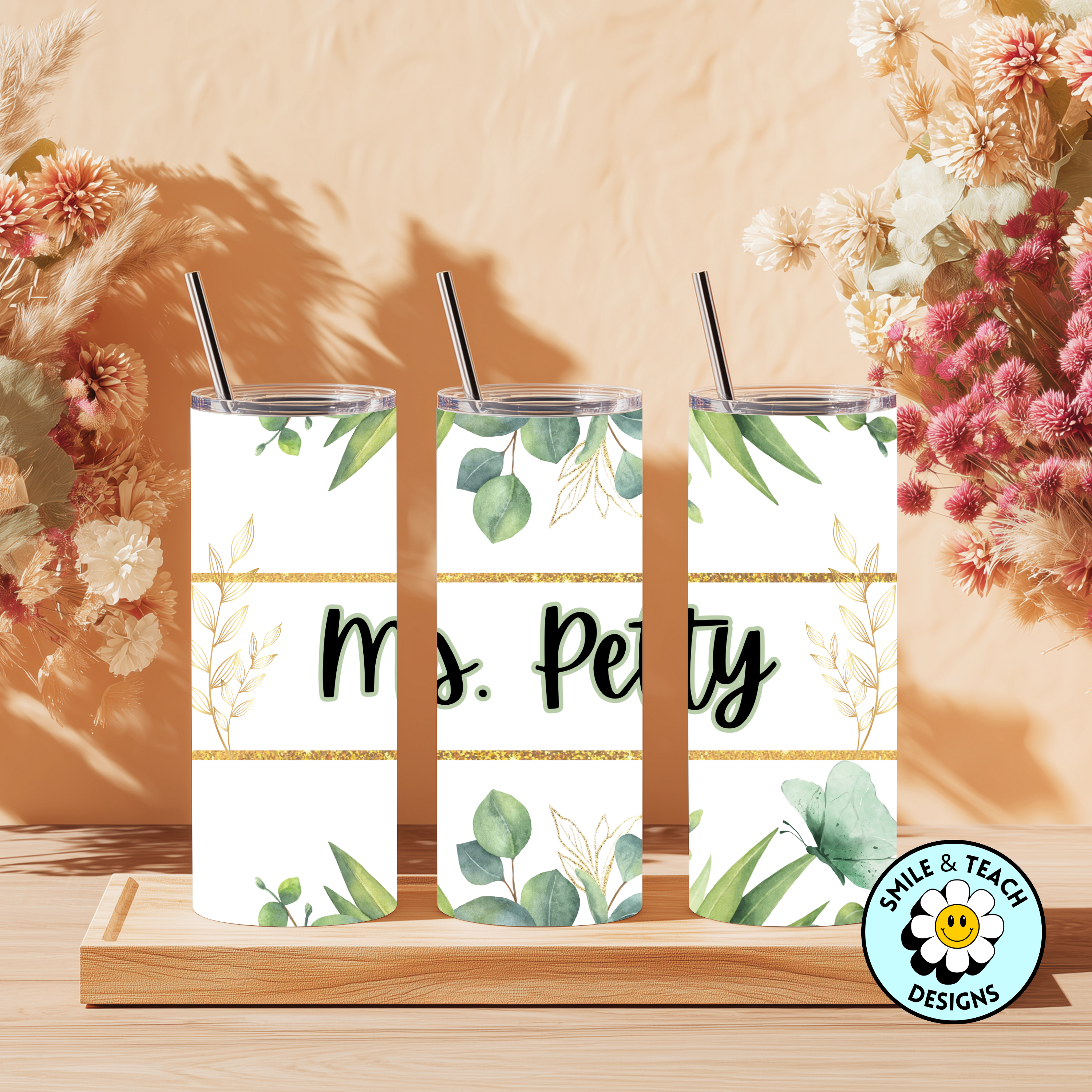 🌿 Personalized Greenery Name 20oz Skinny Tumbler – Insulated Stainless Steel