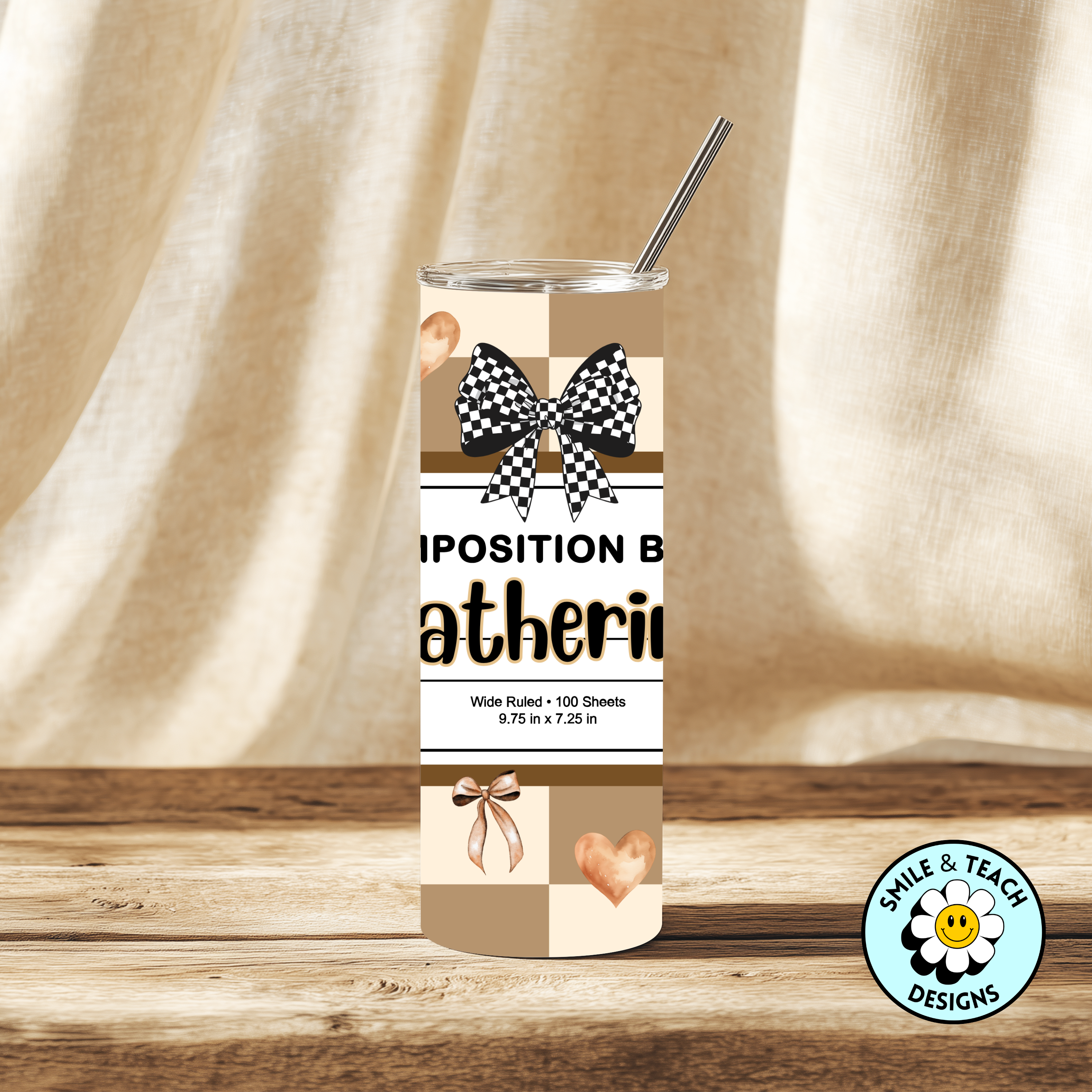 🤎 Personalized Coffee & Bow Composition Book 20oz Skinny Tumbler – Insulated Stainless Steel