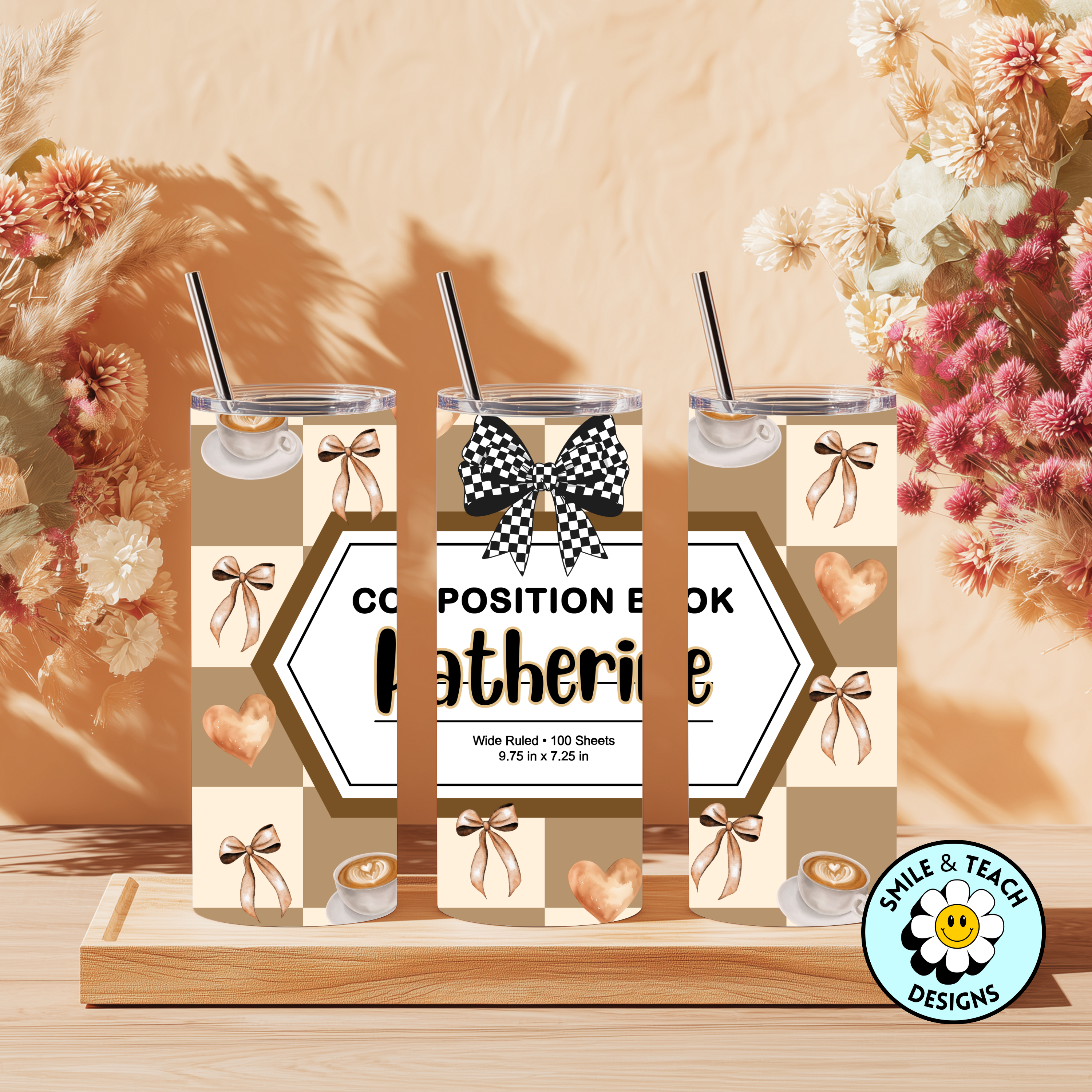 🤎 Personalized Coffee & Bow Composition Book 20oz Skinny Tumbler – Insulated Stainless Steel