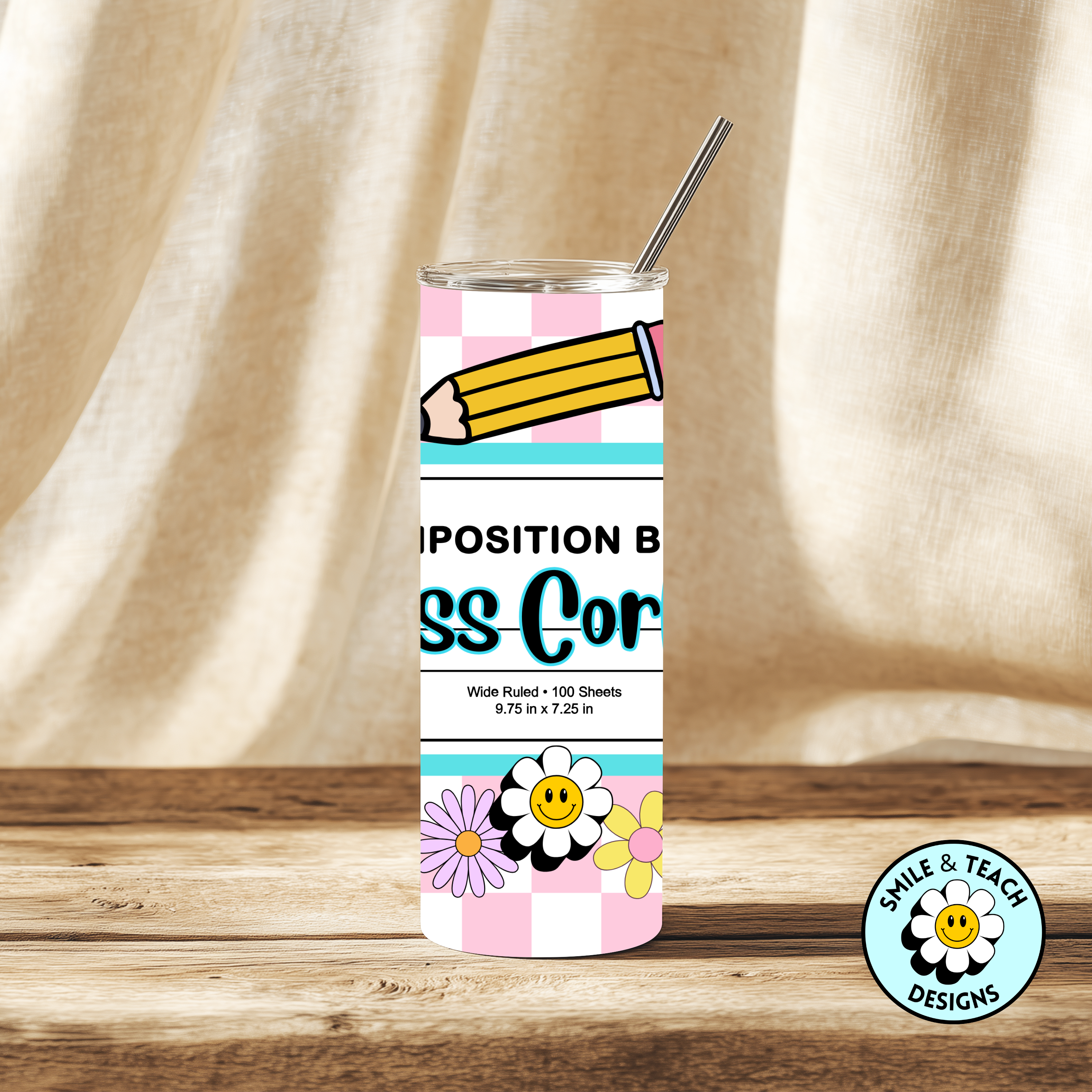 🌸📓 Personalized Composition Notebook Teacher Tumbler – 20 oz Skinny