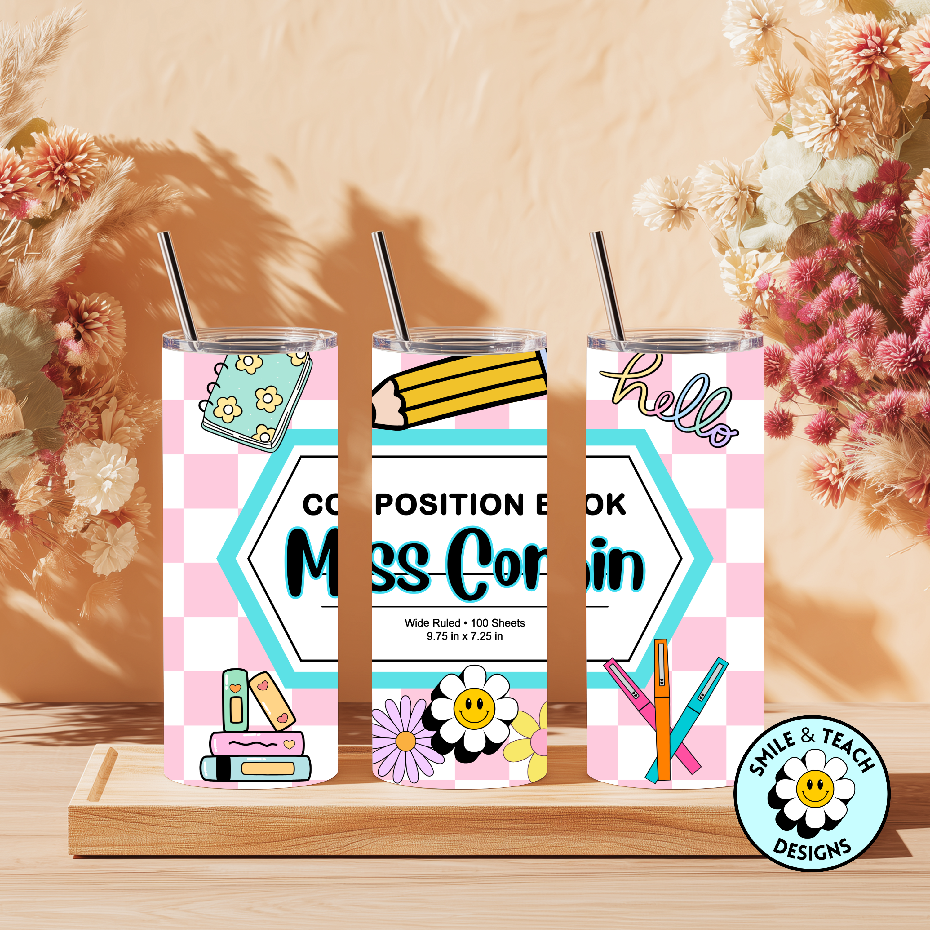 🌸📓 Personalized Composition Notebook Teacher Tumbler – 20 oz Skinny