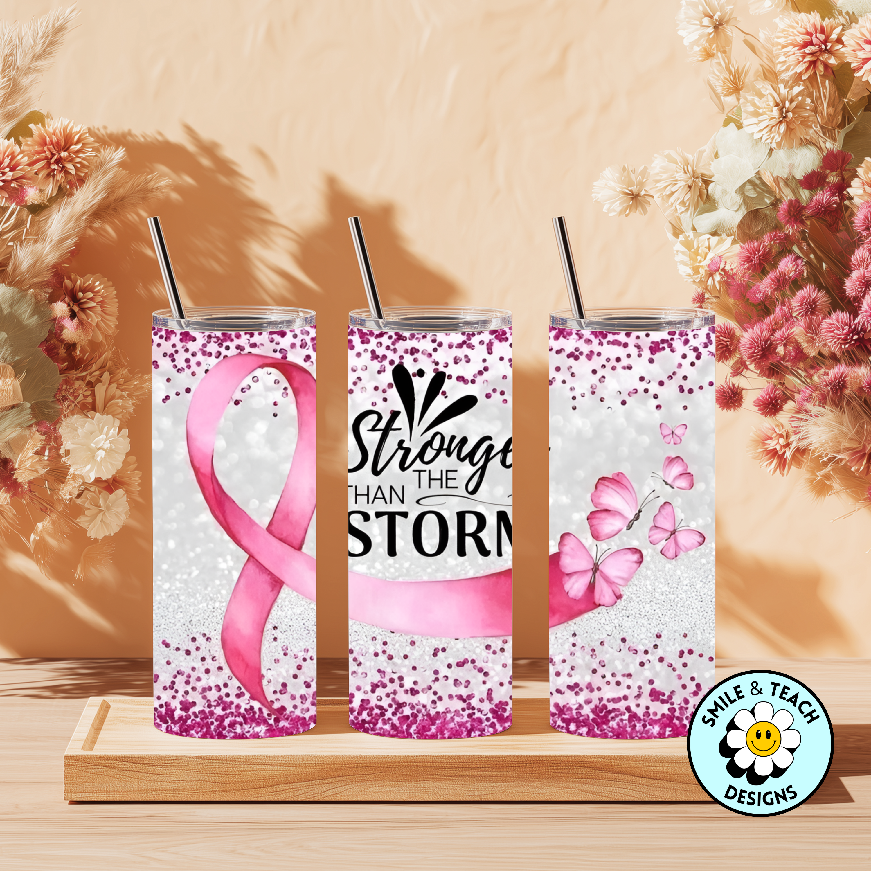 Breast Cancer Awareness Tumbler – Stronger Than the Storm