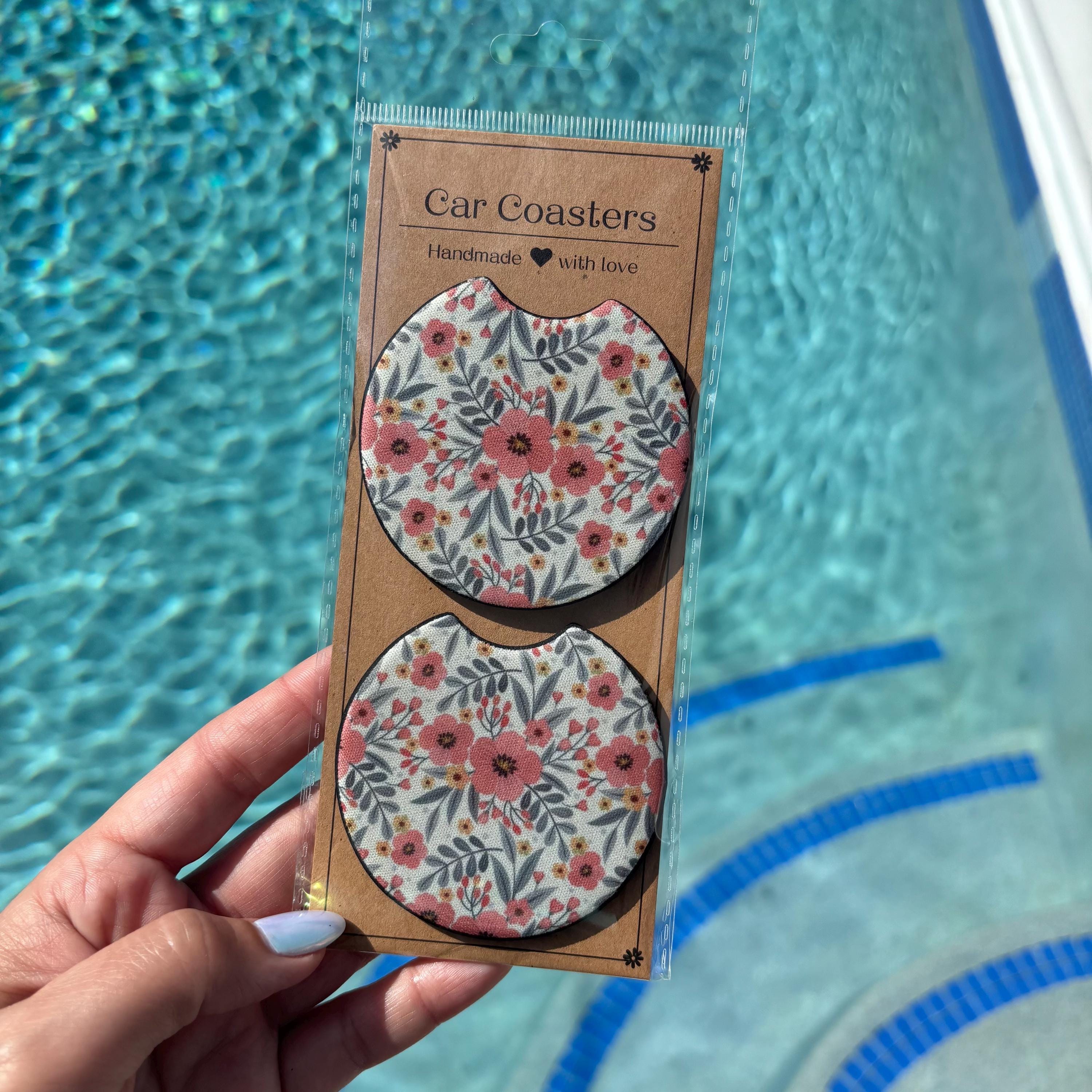 Rustic Pink Floral Car Coasters – Pretty & Absorbent Cup Holder Inserts for a Chic Ride