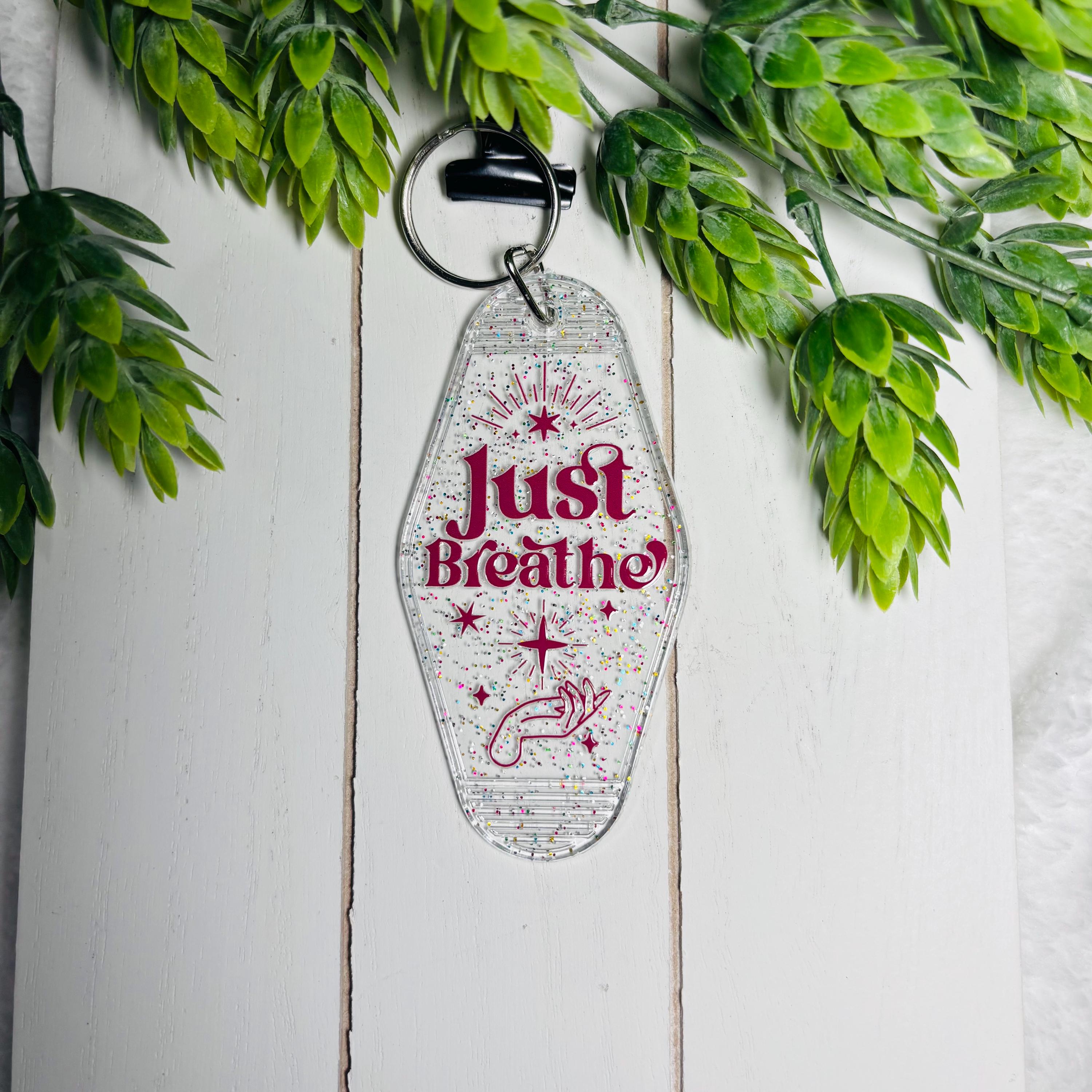 Just Breathe Motel Keychain – Glitter Retro Acrylic Key Tag