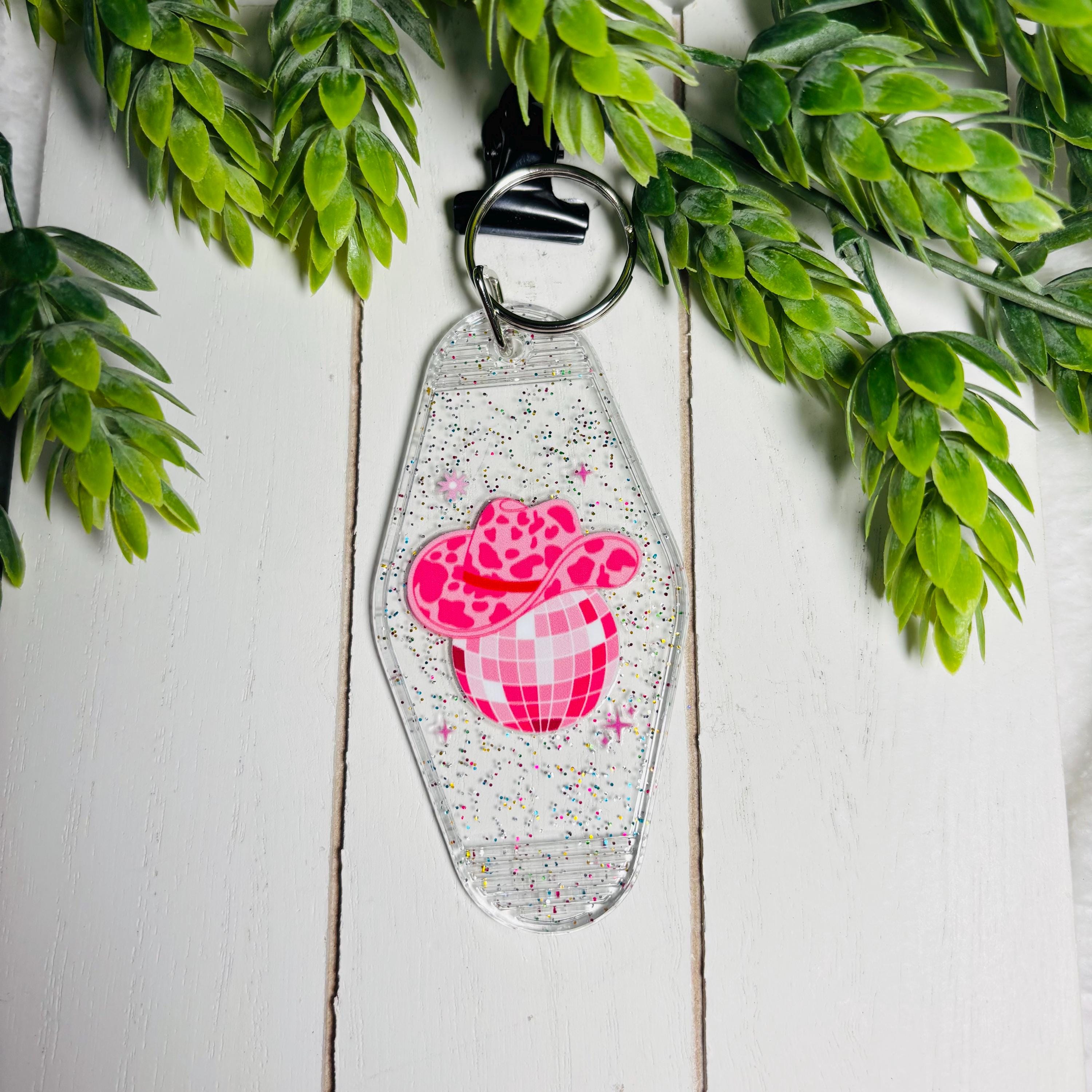 Pink Disco Ball Cowboy Hat Motel Keychain – Glitter Retro Acrylic Key Tag