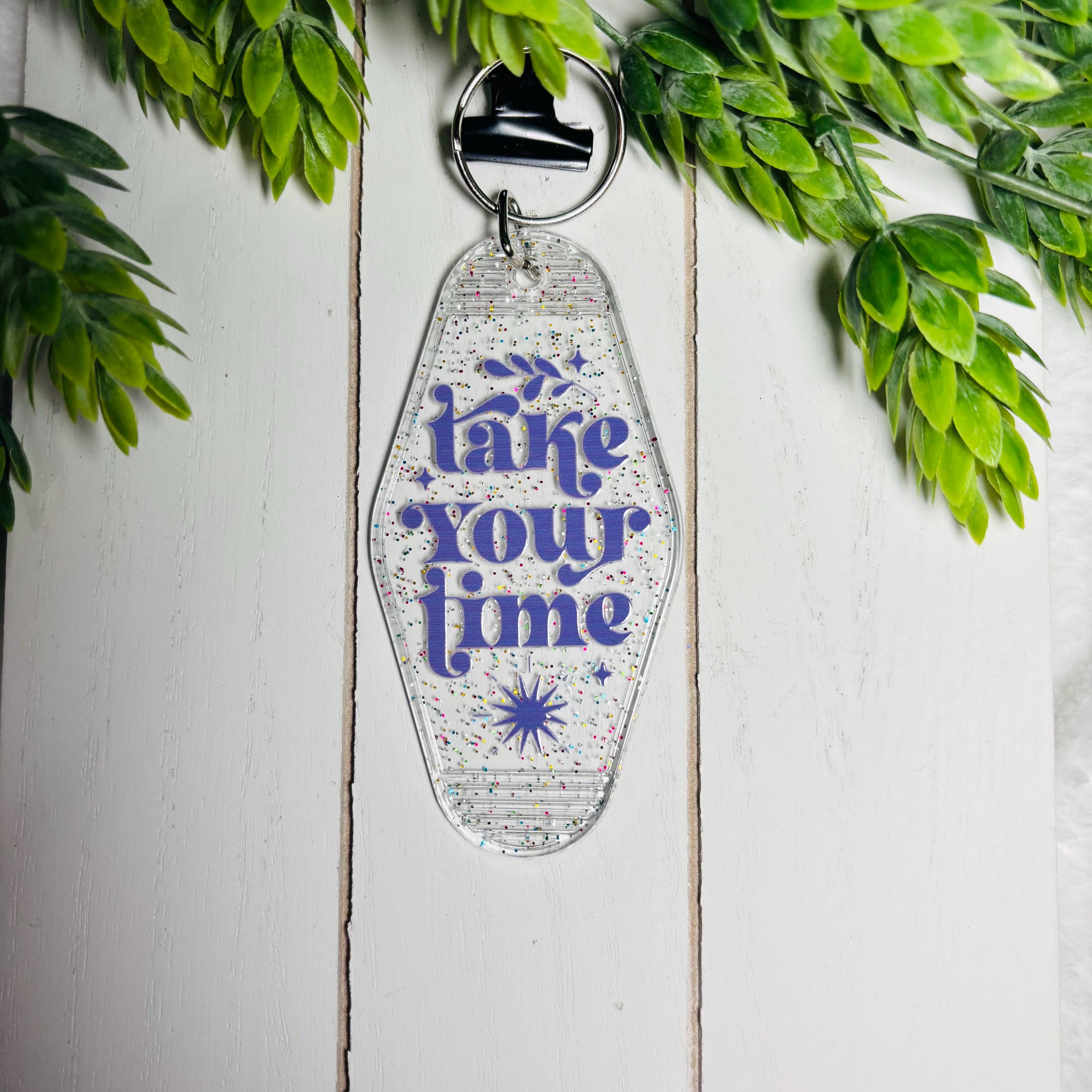 Take Your Time Motel Keychain – Glitter Retro Acrylic Key Tag