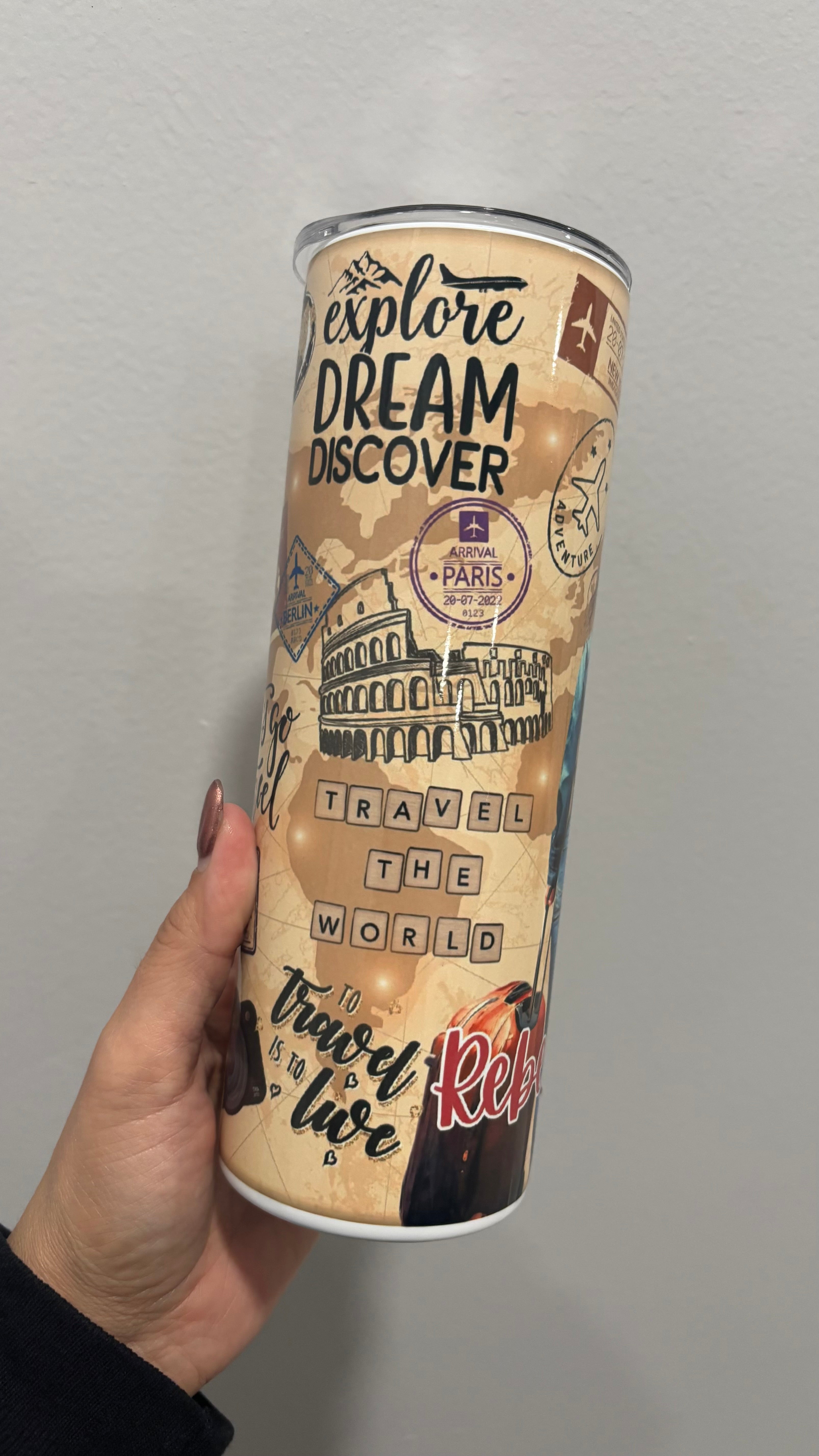 ✈️ Personalized Travel Adventure Tumbler – 20 oz Skinny