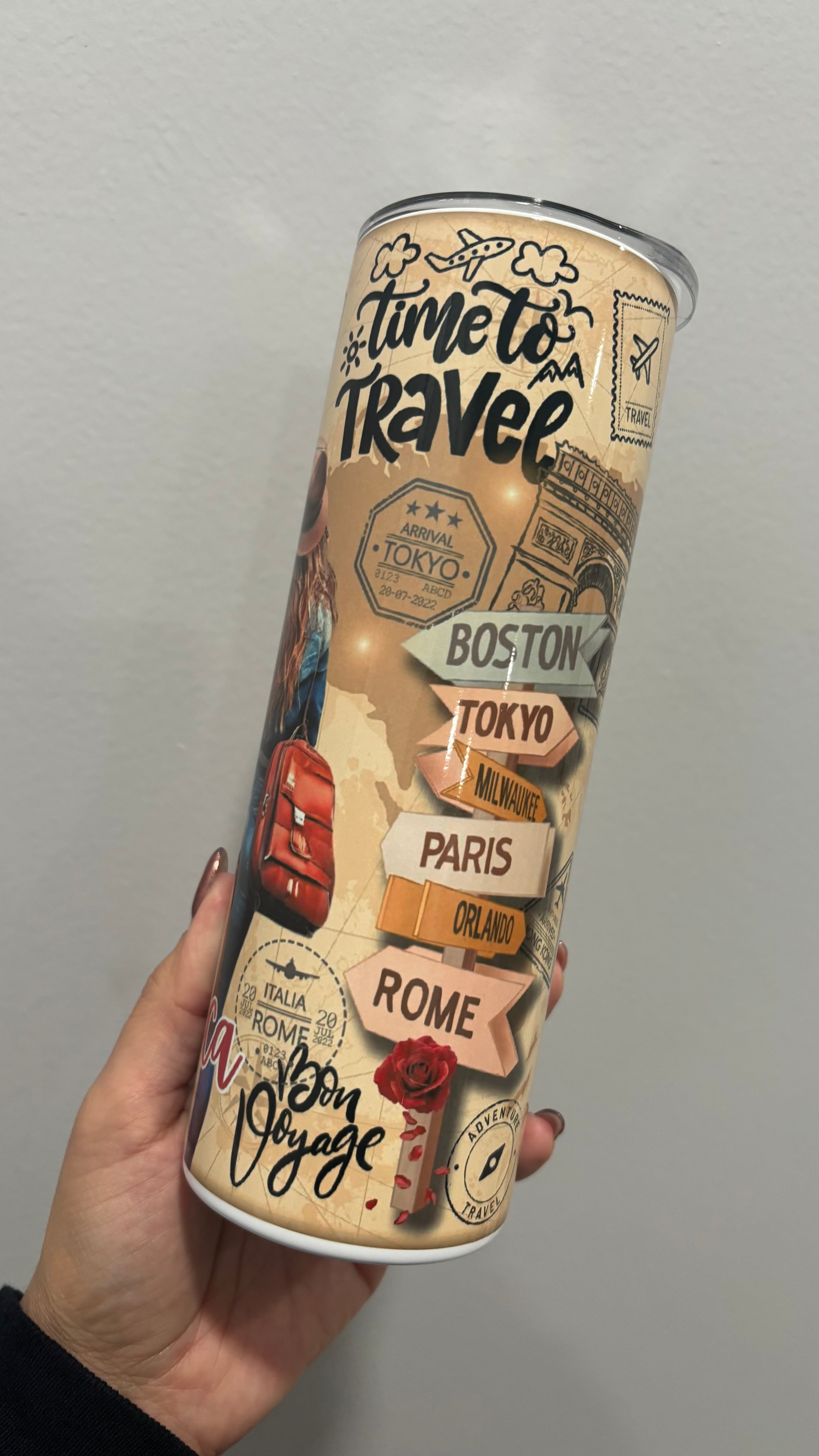 ✈️ Personalized Travel Adventure Tumbler – 20 oz Skinny