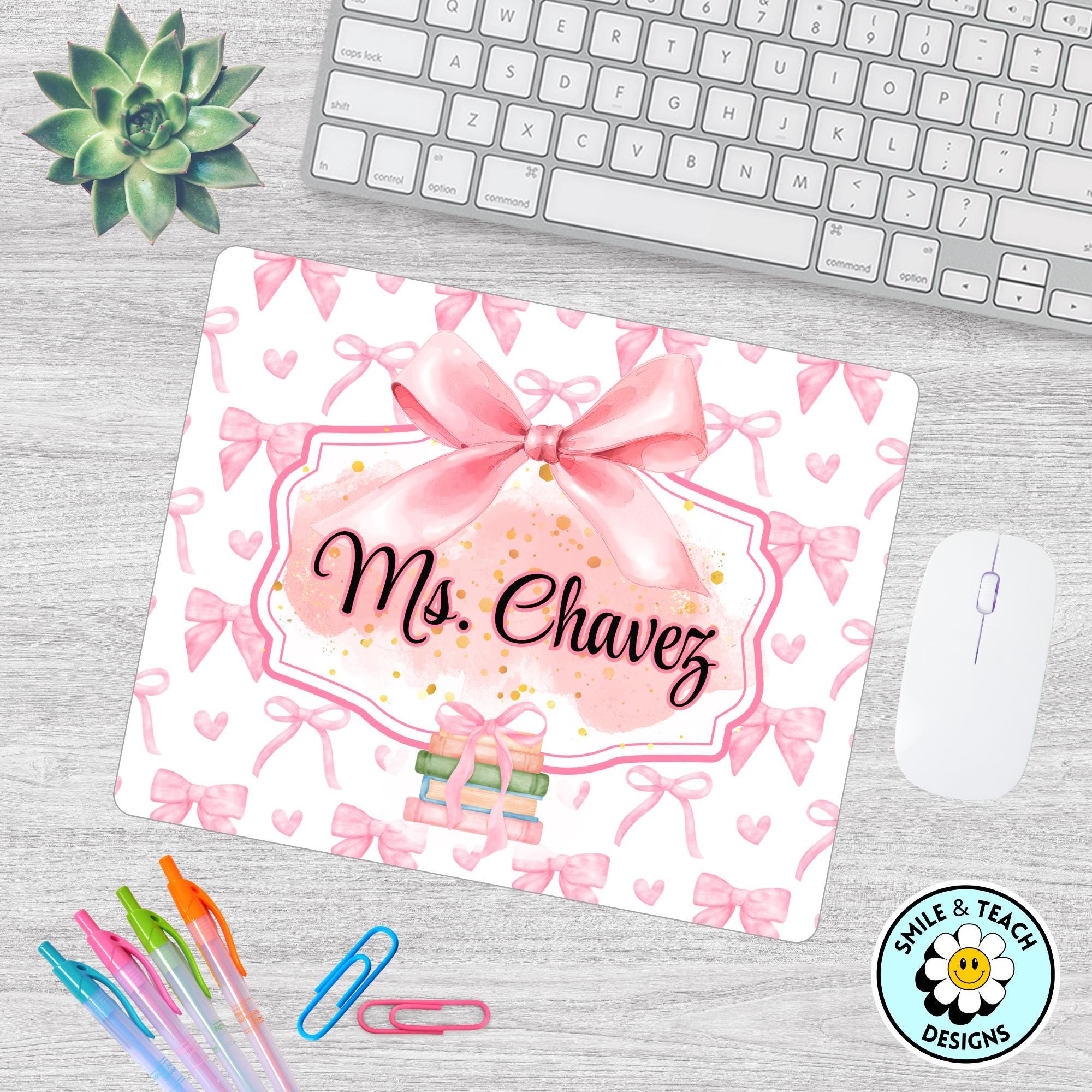 Personalized Pink Bow Teacher Mouse Pad – Custom Name Gift