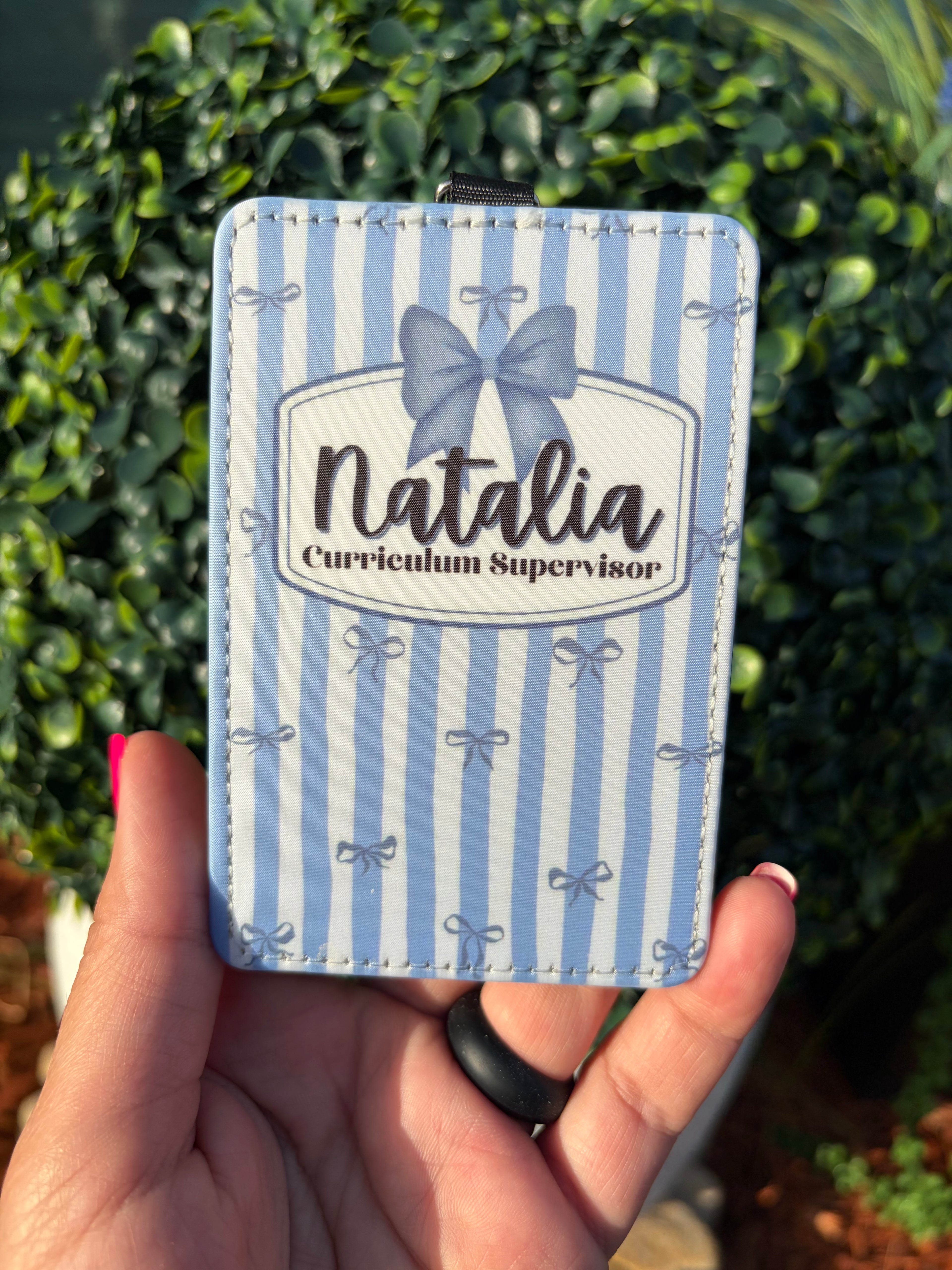 Personalized Blue Bow ID Badge Holder