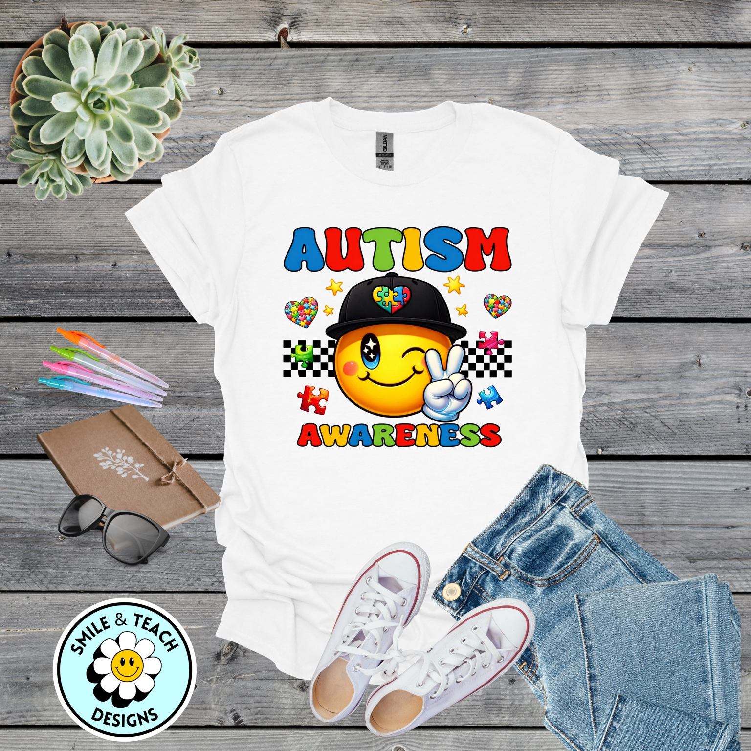 Autism Awareness Smiley Shirt | Retro Checkerboard Puzzle Design | Teacher & Advocate Tee