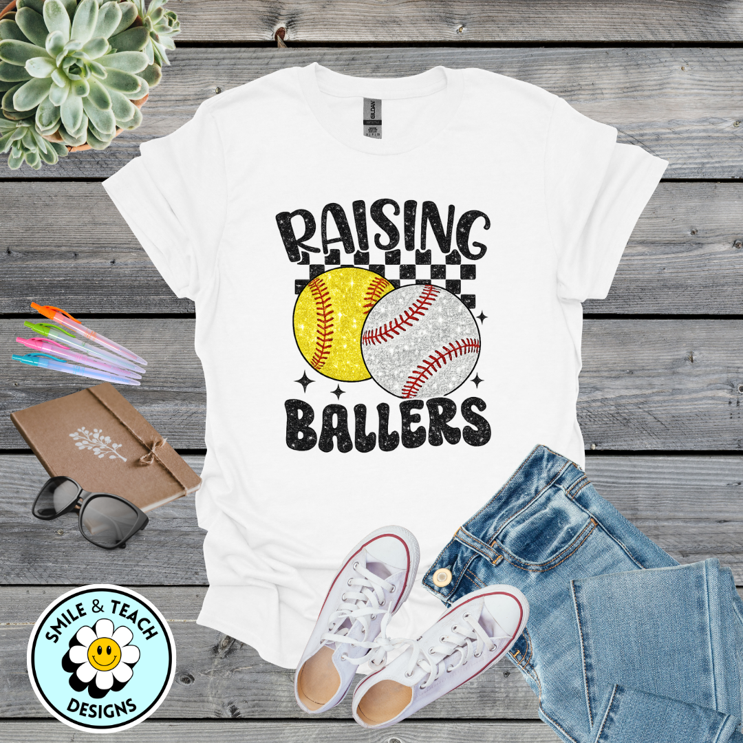 Raising Ballers Glitter Shirt – Baseball & Softball Mom Graphic Tee
