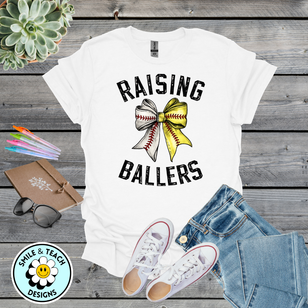 Raising Ballers Bow Shirt – Baseball & Softball Mom Graphic Tee