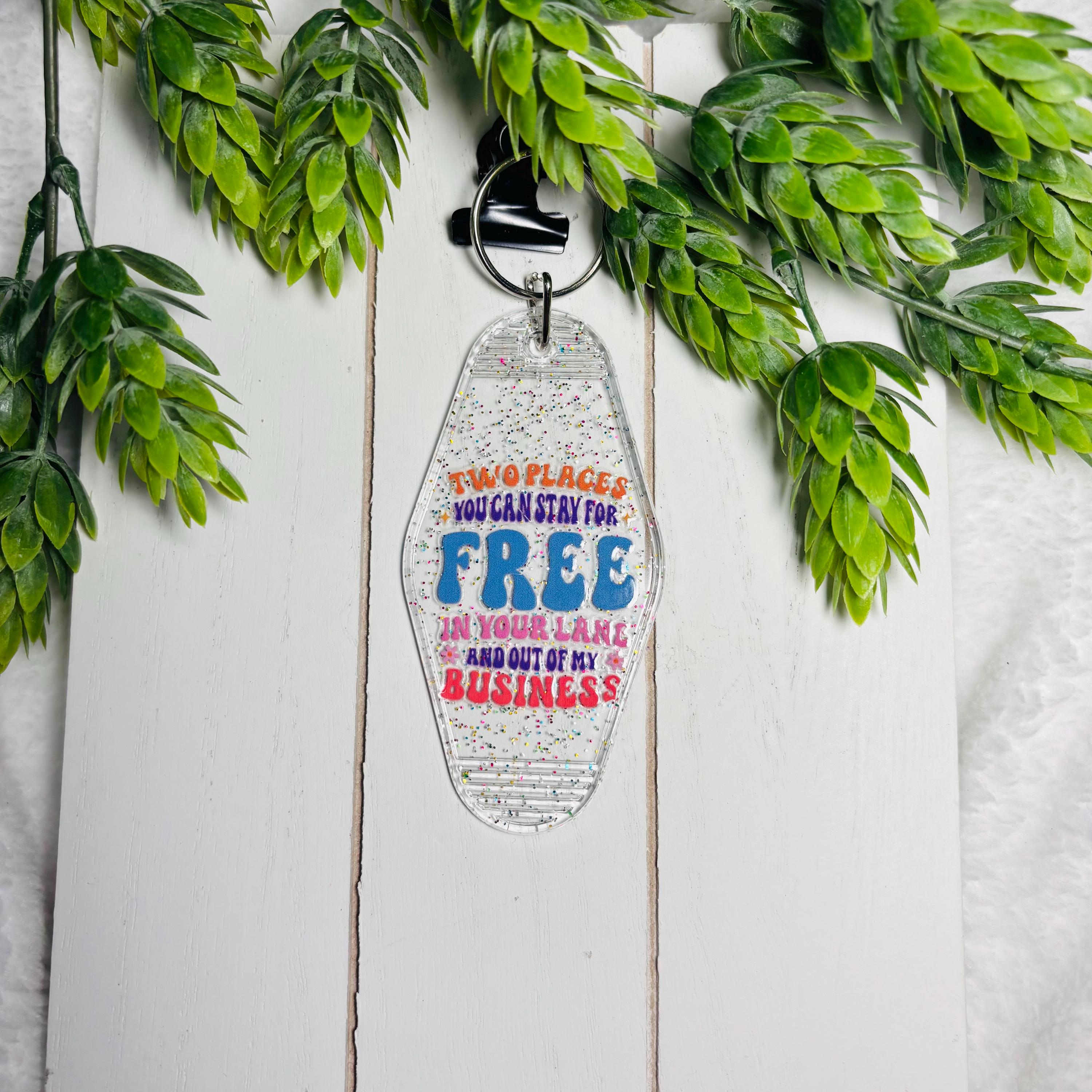 Stay in Your Lane Motel Keychain – Glitter Retro Acrylic Key Tag