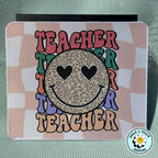Smiley Teacher Mouse Pad – Retro Leopard Print Heart Eyes Design