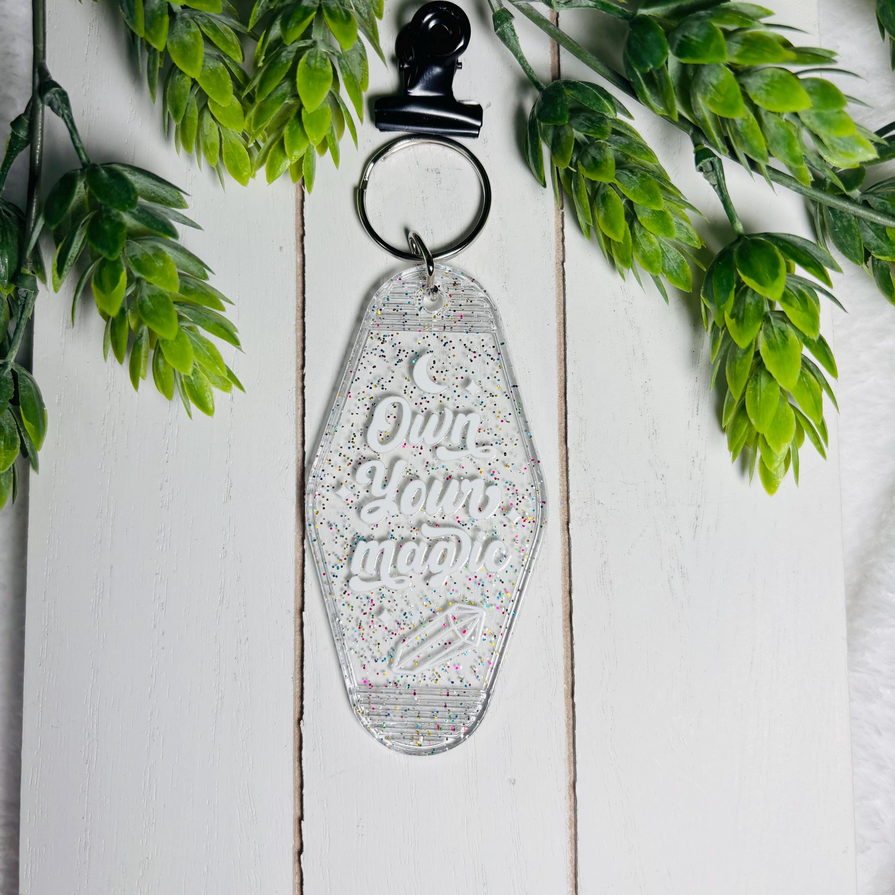 Own Your Magic Motel Keychain – Glitter Retro Acrylic Key Tag