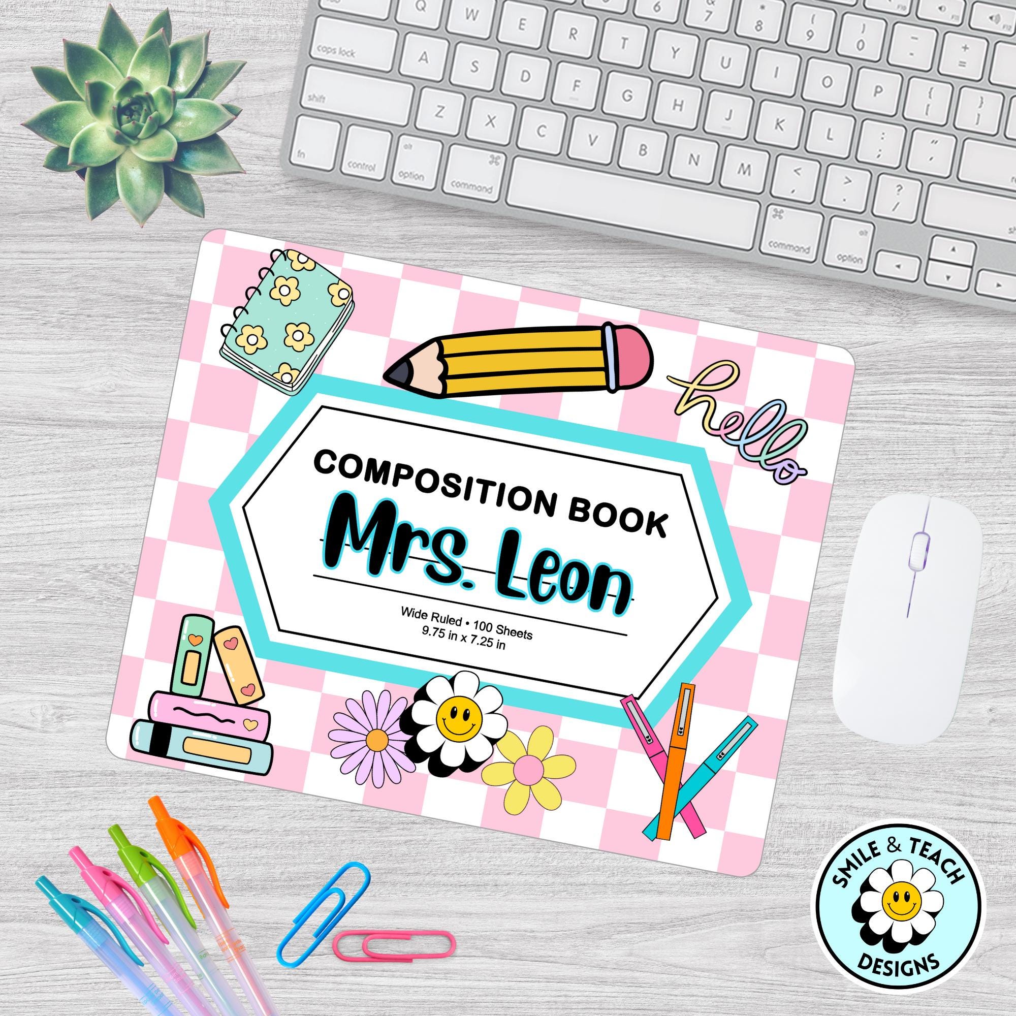 Cute Pink Composition Book Design- Personalized Teacher Mouse Pad