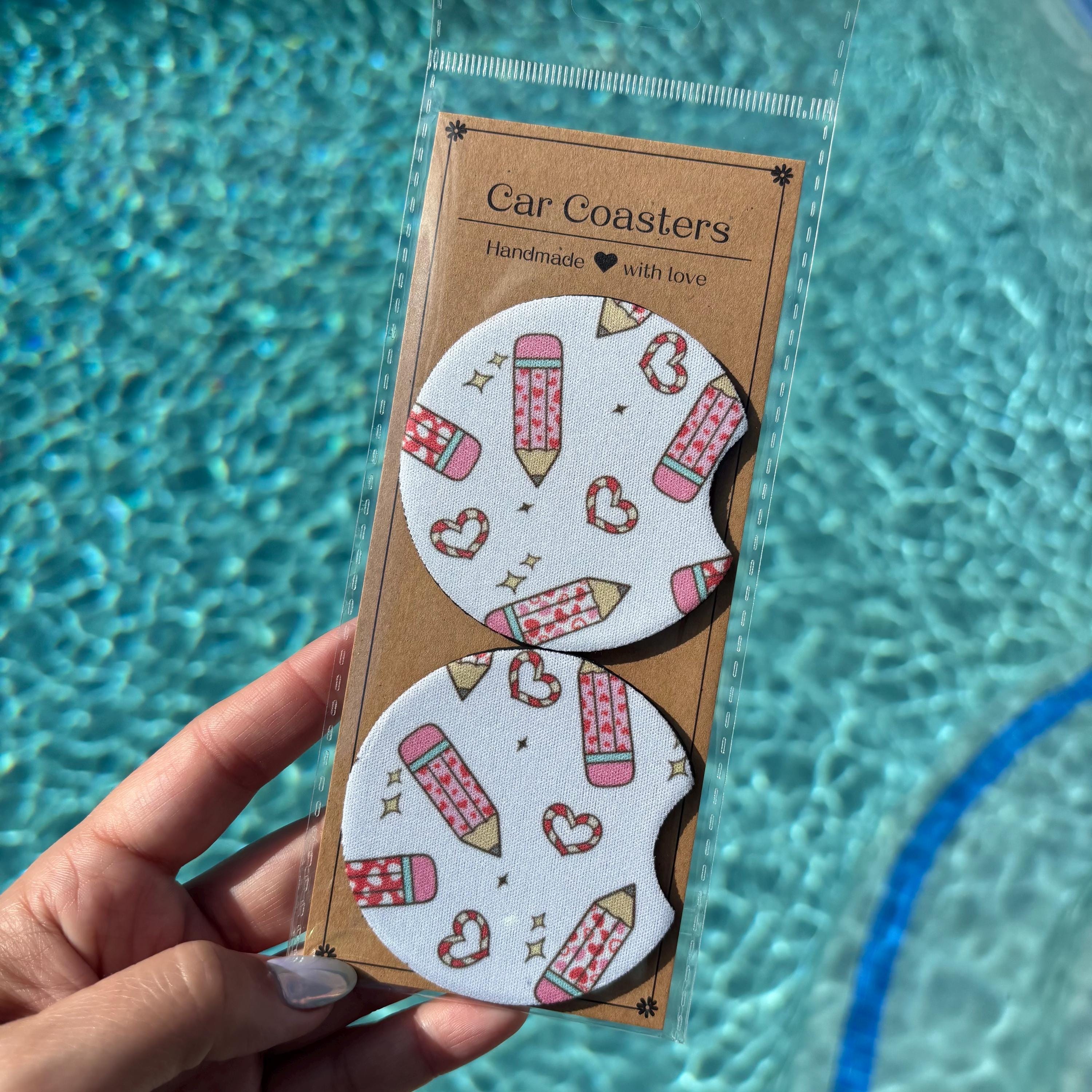 Pink Pencil & Hearts Car Coasters – Teacher-Inspired & Absorbent Cup Holder Inserts